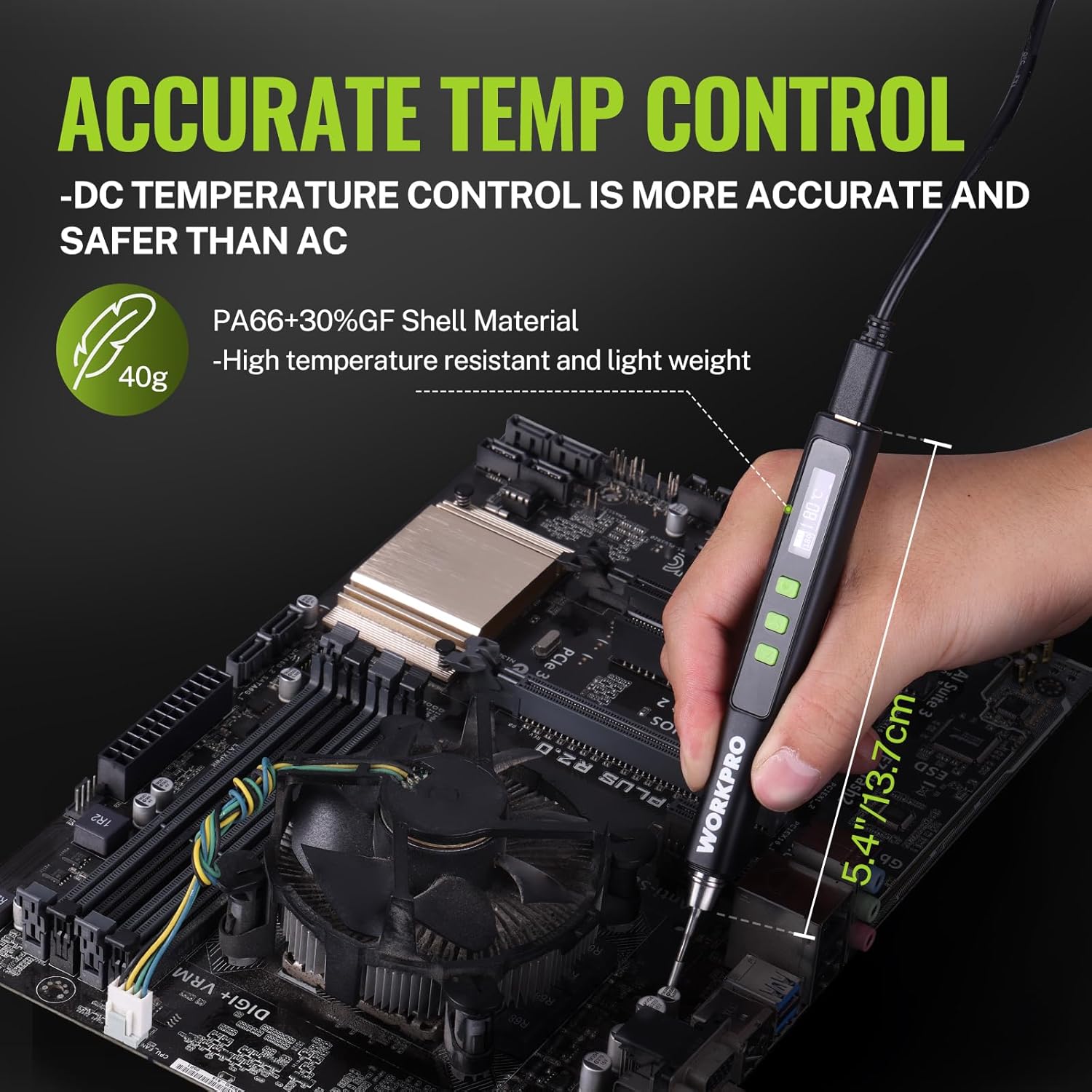 Handheld soldering iron pen with temperature display used on a computer circuit board