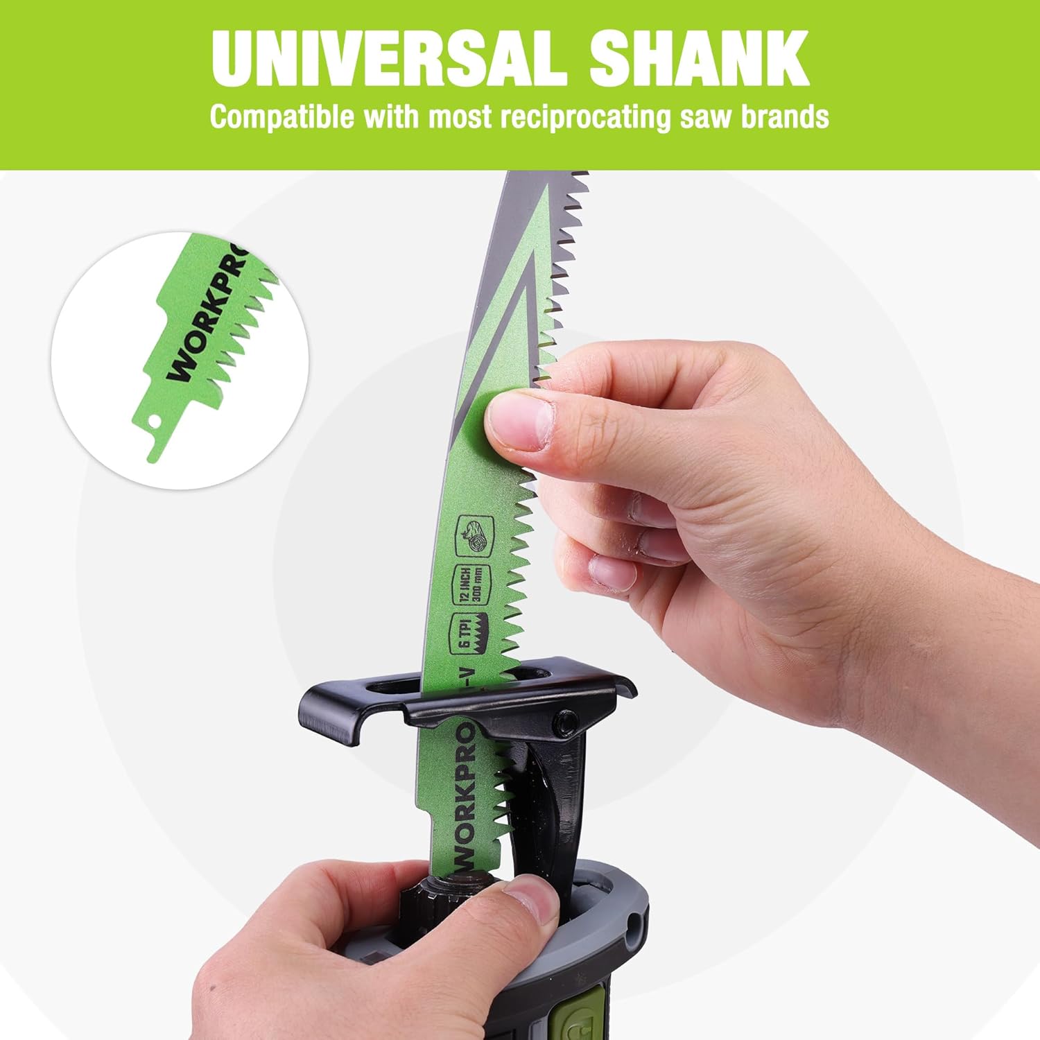 WORKPRO 12-inch reciprocating saw blade, green and black, in universal shank clamp