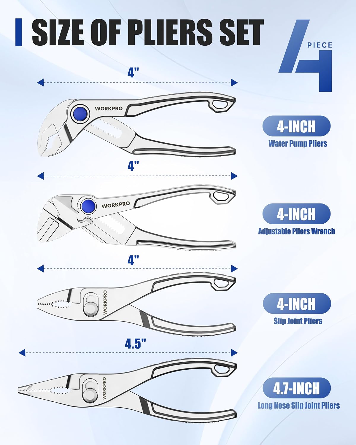 Illustrated mini pliers set showing four sizes: 4-inch water pump, 4-inch adjustable, 4/4.5-inch slip joint