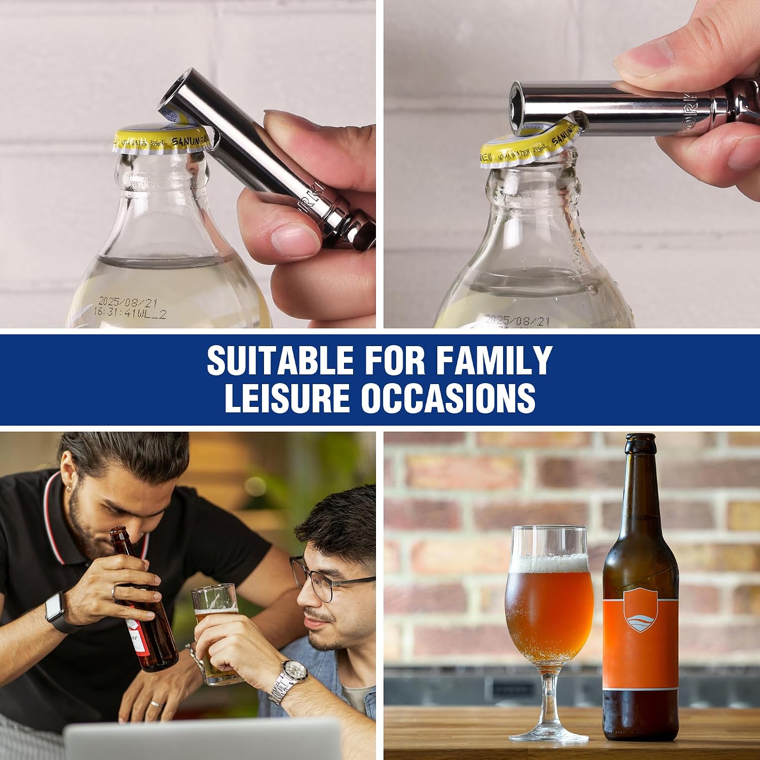 Chrome bottle opener socket with key ring, lifting a cap from a glass bottle