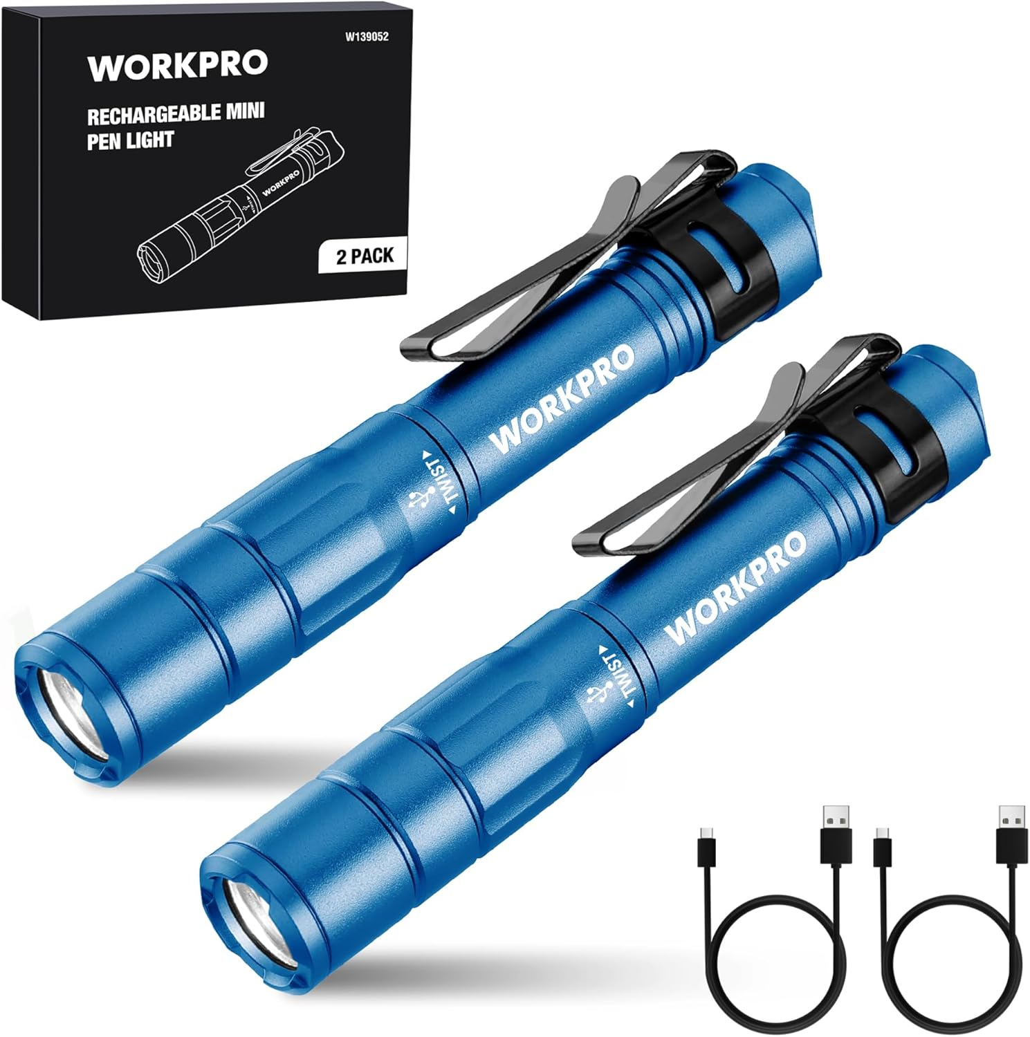 Blue rechargeable mini pen light, two-pack, with pocket clip and USB-C charging cables.