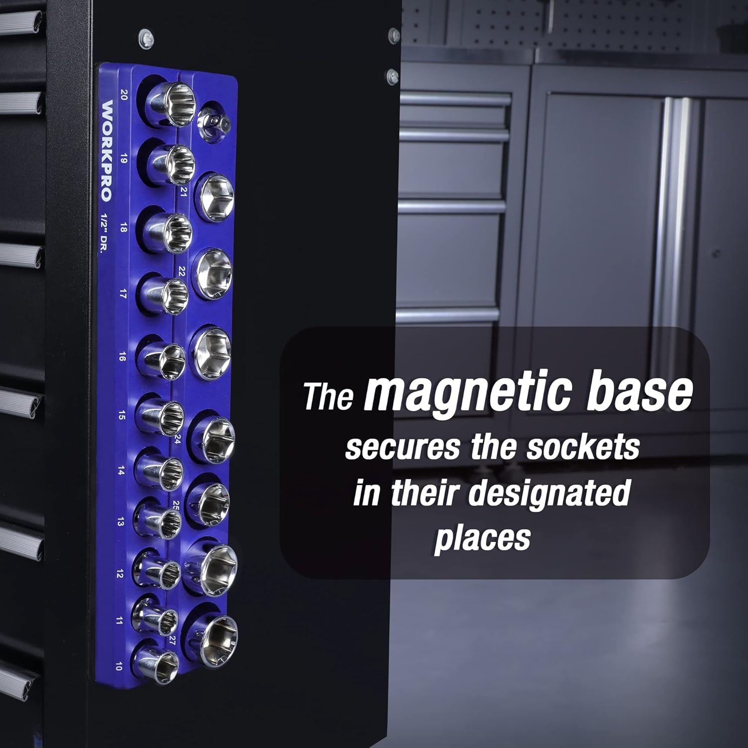 Blue vertical magnetic socket organizer panel holding sockets on a magnetic base