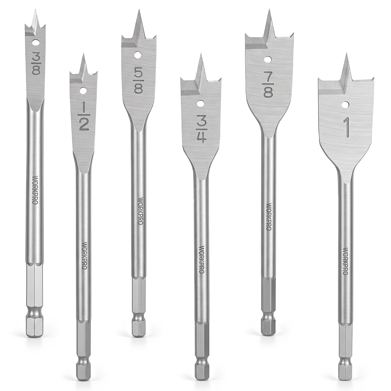 WORKPRO 6-Piece Spade Drill Bit Set, 3/8" to 1", Black