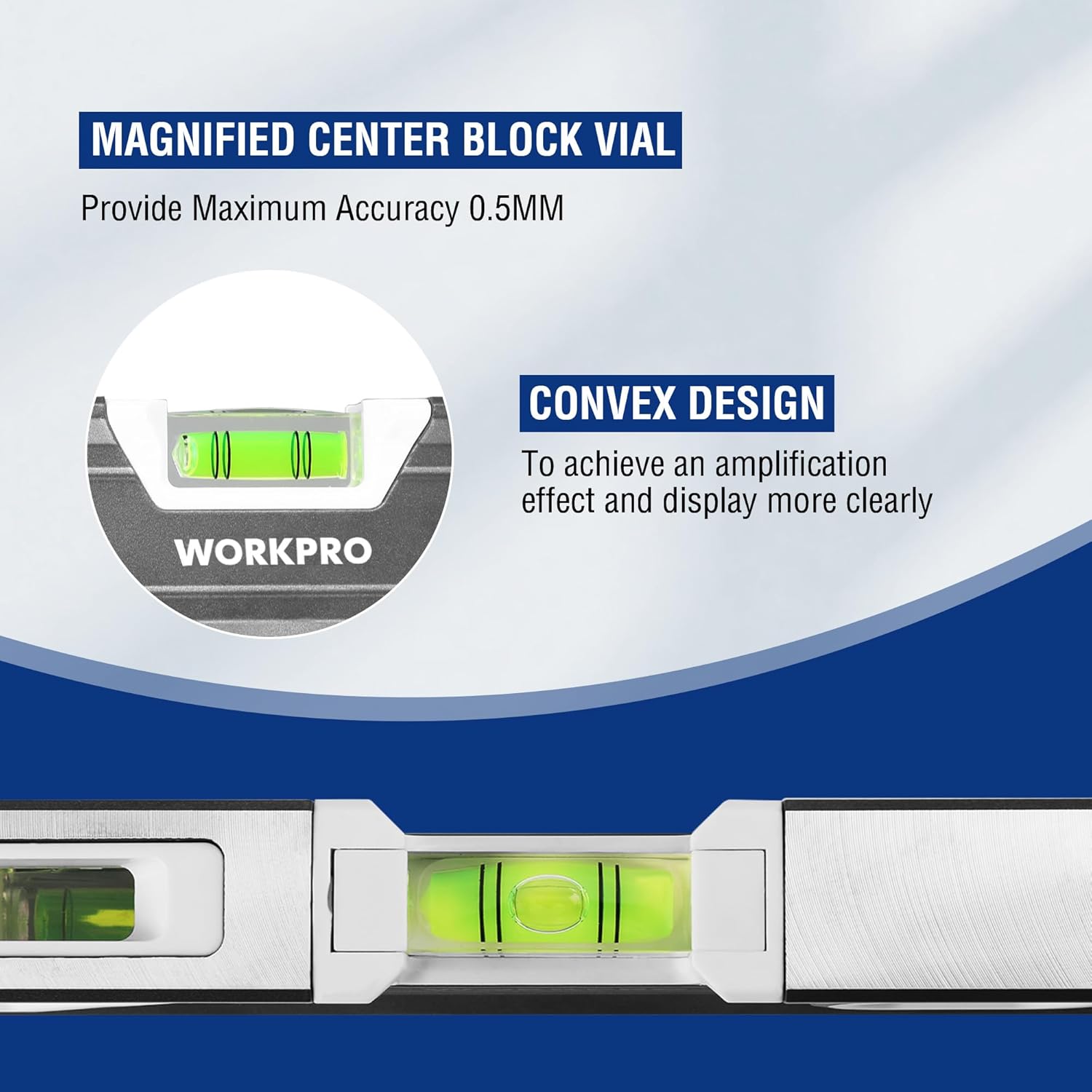 WORKPRO torpedo level with magnified center block vial and convex bubble design