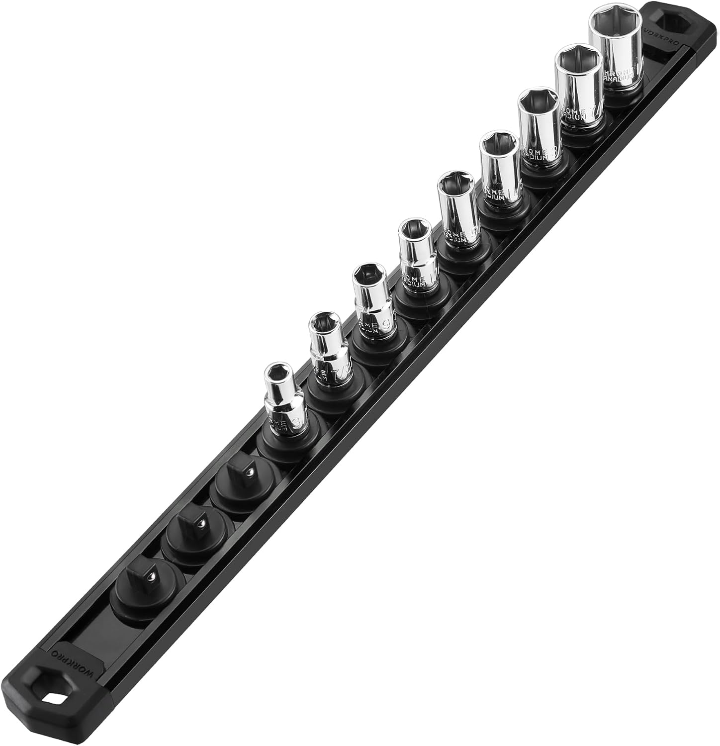 Black magnetic 1/4-inch drive socket rail with empty holder slots
