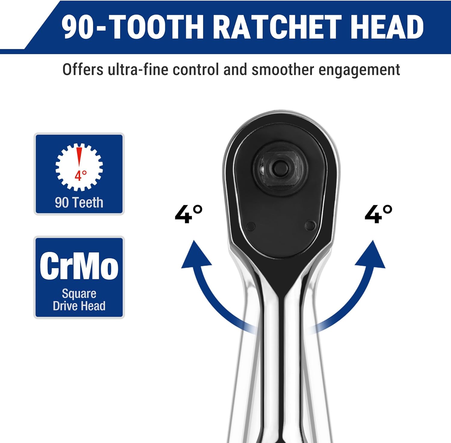 90-tooth 1/4 in ratchet wrench head with 4° swing and CrMo square drive head.