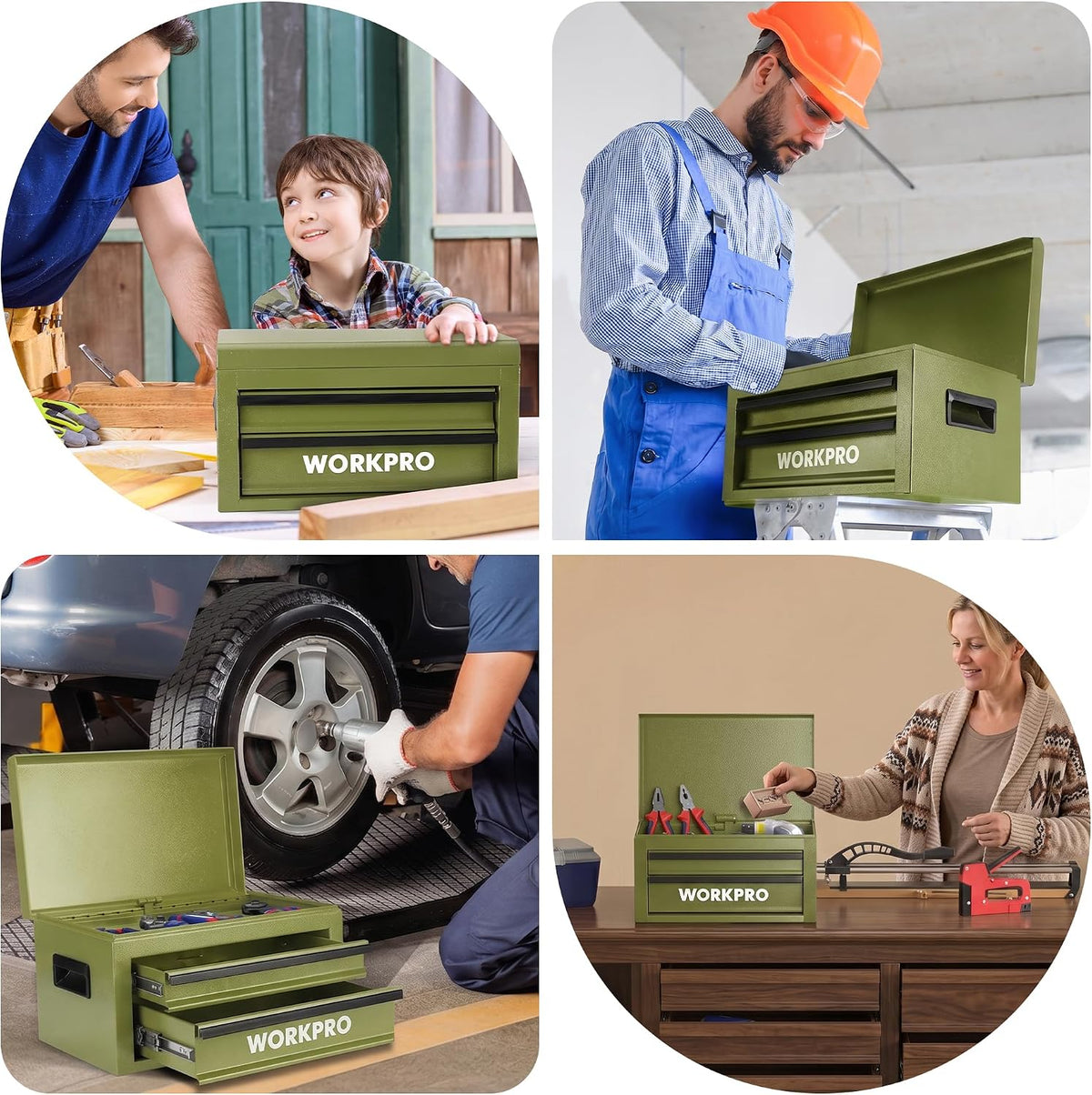 WORKPRO 15-Inch Metal Tool Box with 2 Drawers & Top Storage, Green