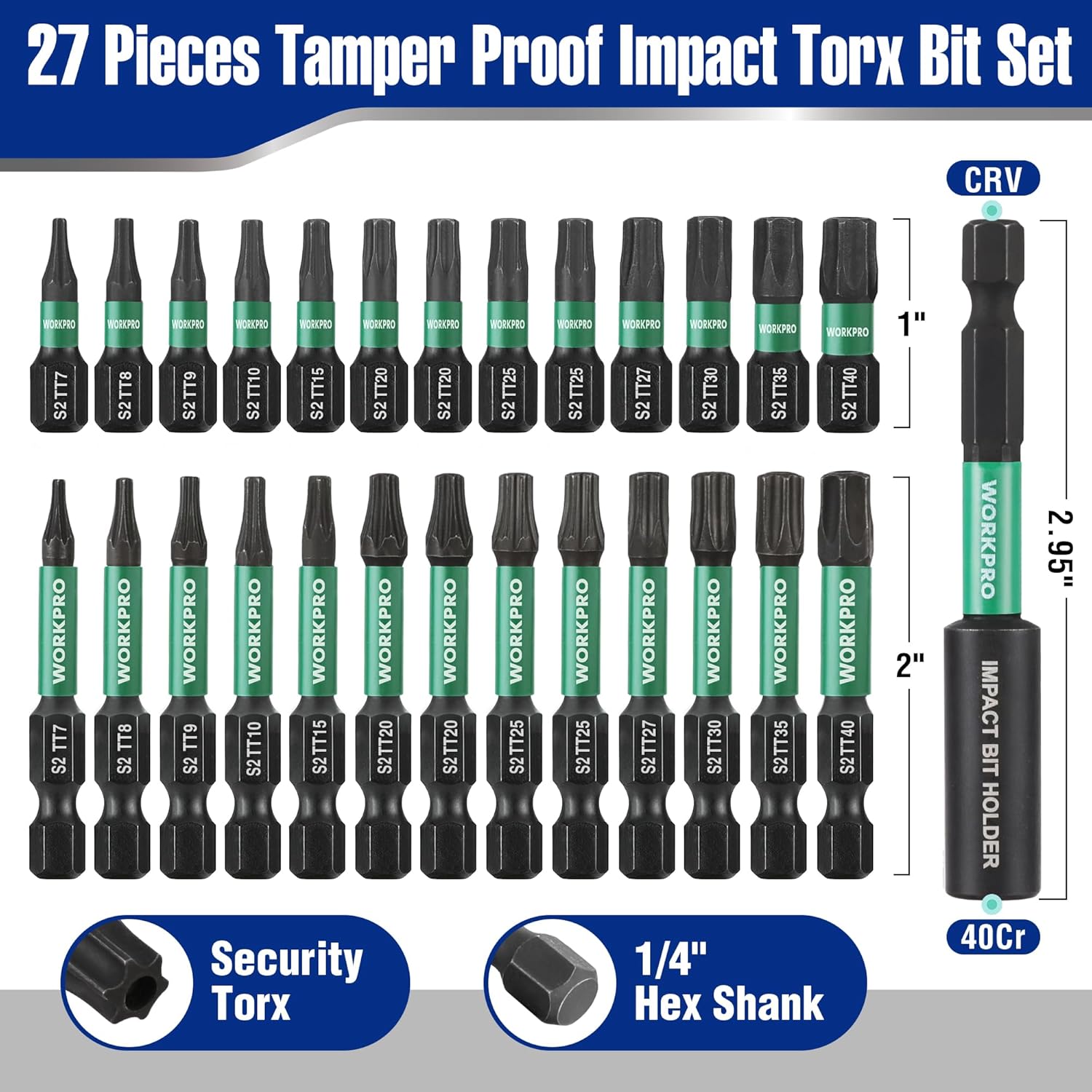 27-piece security Torx impact bit set with star bits, 1/4in hex shank and holder