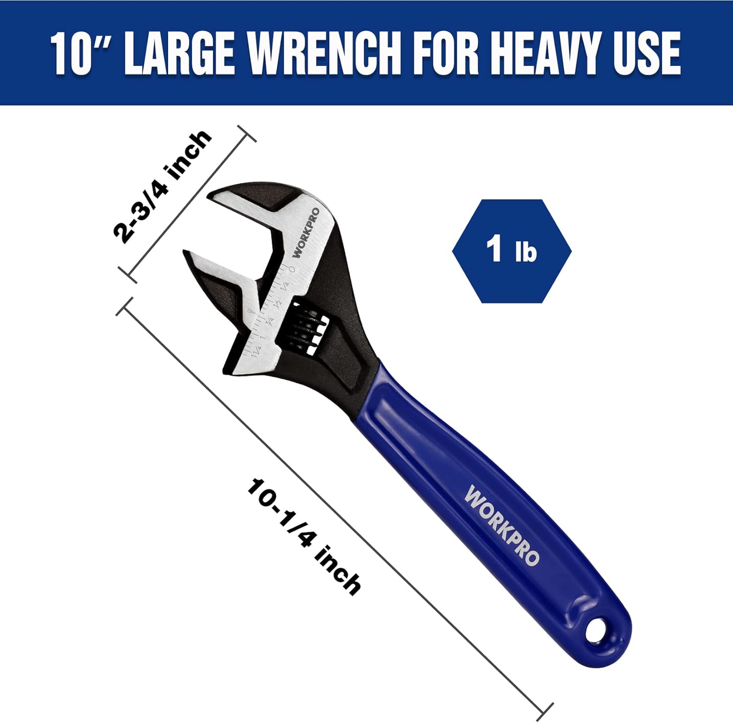 10-inch large adjustable wrench with wide jaws and jaw opening measurement markings