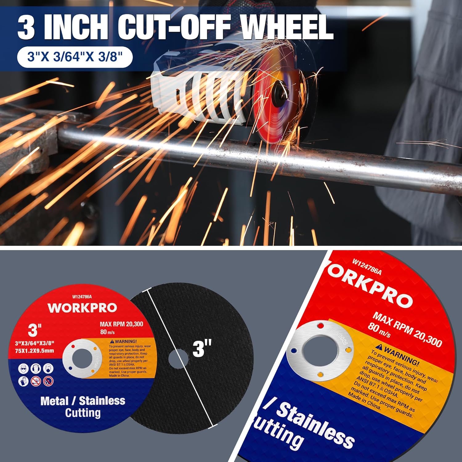 3-inch cut-off wheel cutting a metal rod with sparks from an angle grinder