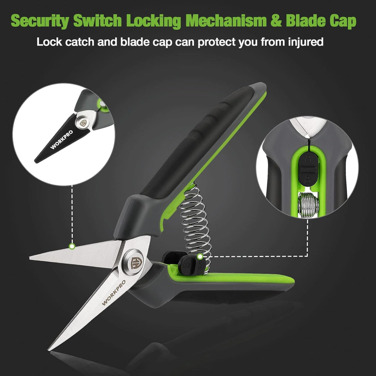 Spring-loaded pruning shears with locking handle and protective blade cap mechanism