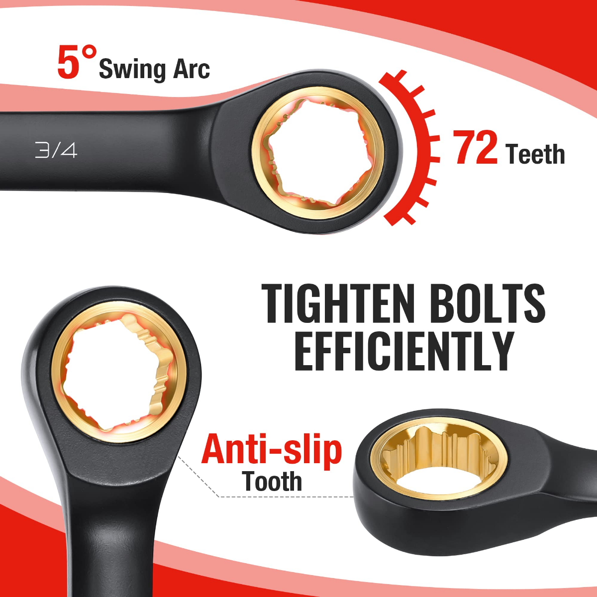 Black ratcheting combination wrench head with 72 teeth and 5° swing arc