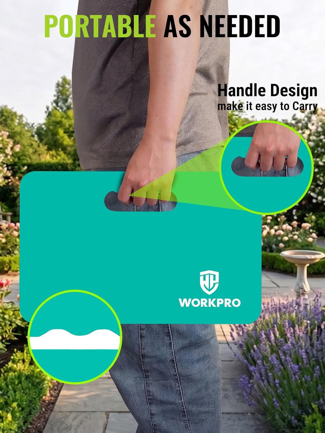 Portable teal kneeling pad with carry handle, supportive soft foam cushion
