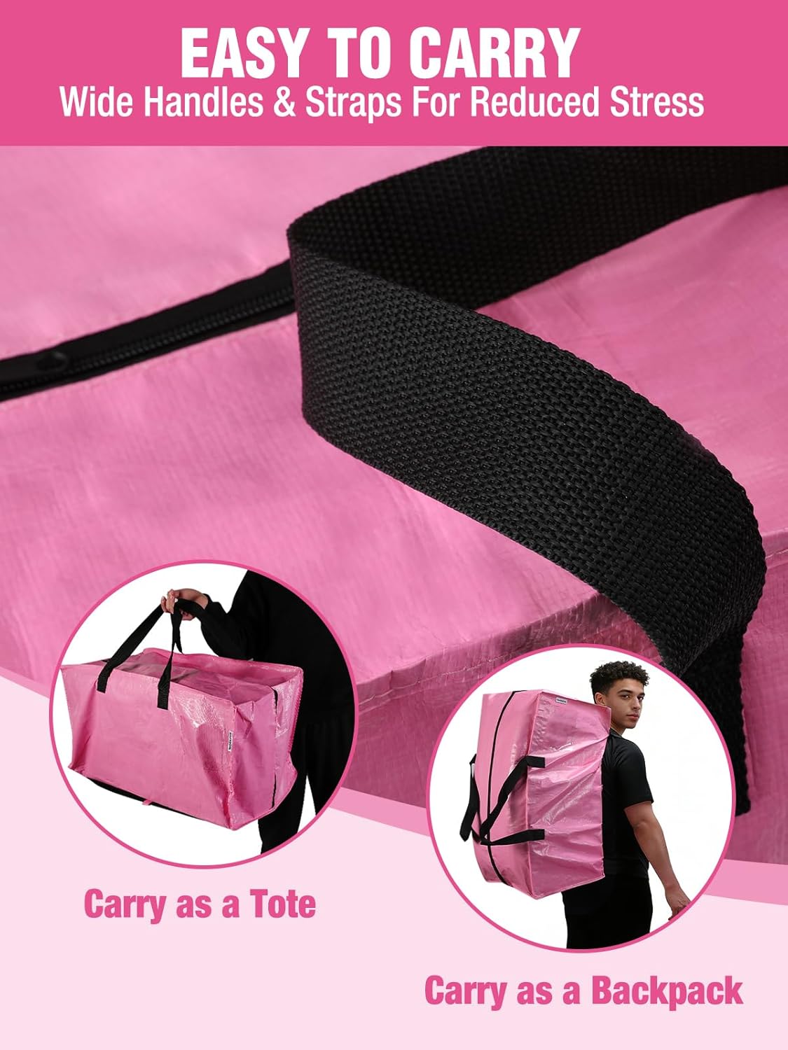 Pink moving bag with wide black strap and zippered top for tote or backpack carry.