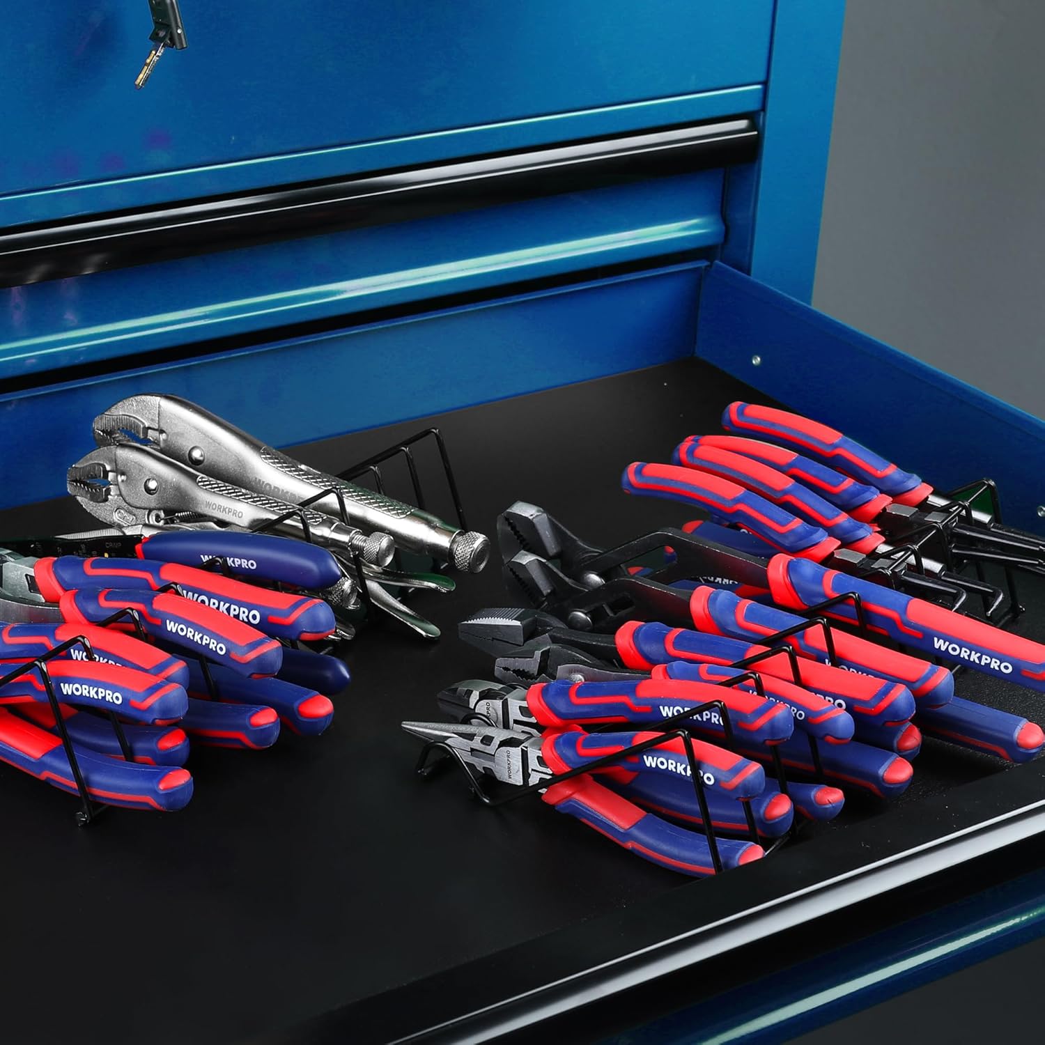 Plier set with WORKPRO branding on red-and-blue handles, stored in a blue drawer tray