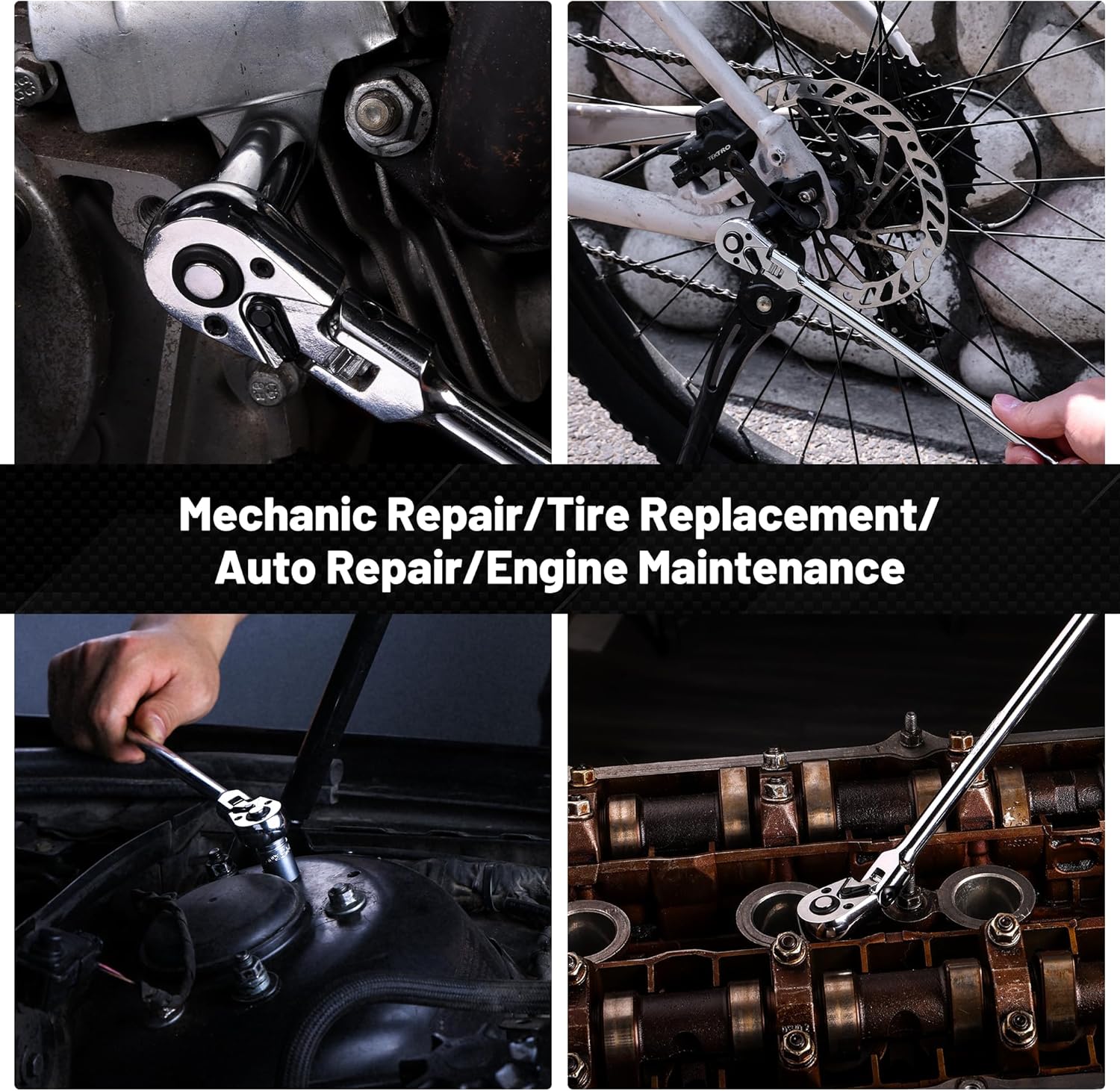 Flex-head ratchet wrench on fasteners for mechanic repair and tire changes