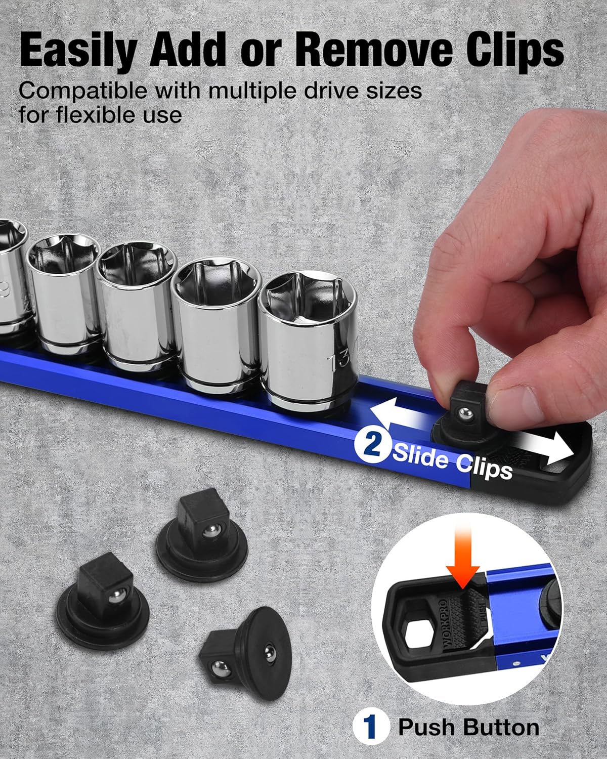 Blue magnetic socket rail with push-button removable clips and steel socket holders