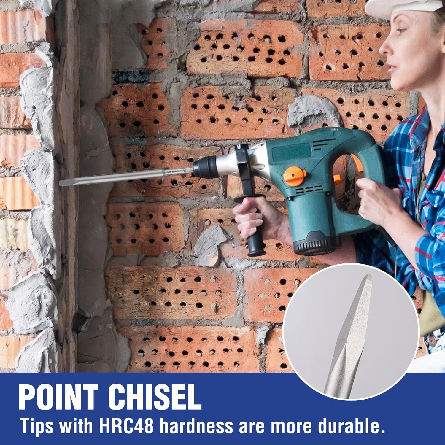 Point chisel for rotary hammer, used on brick masonry wall