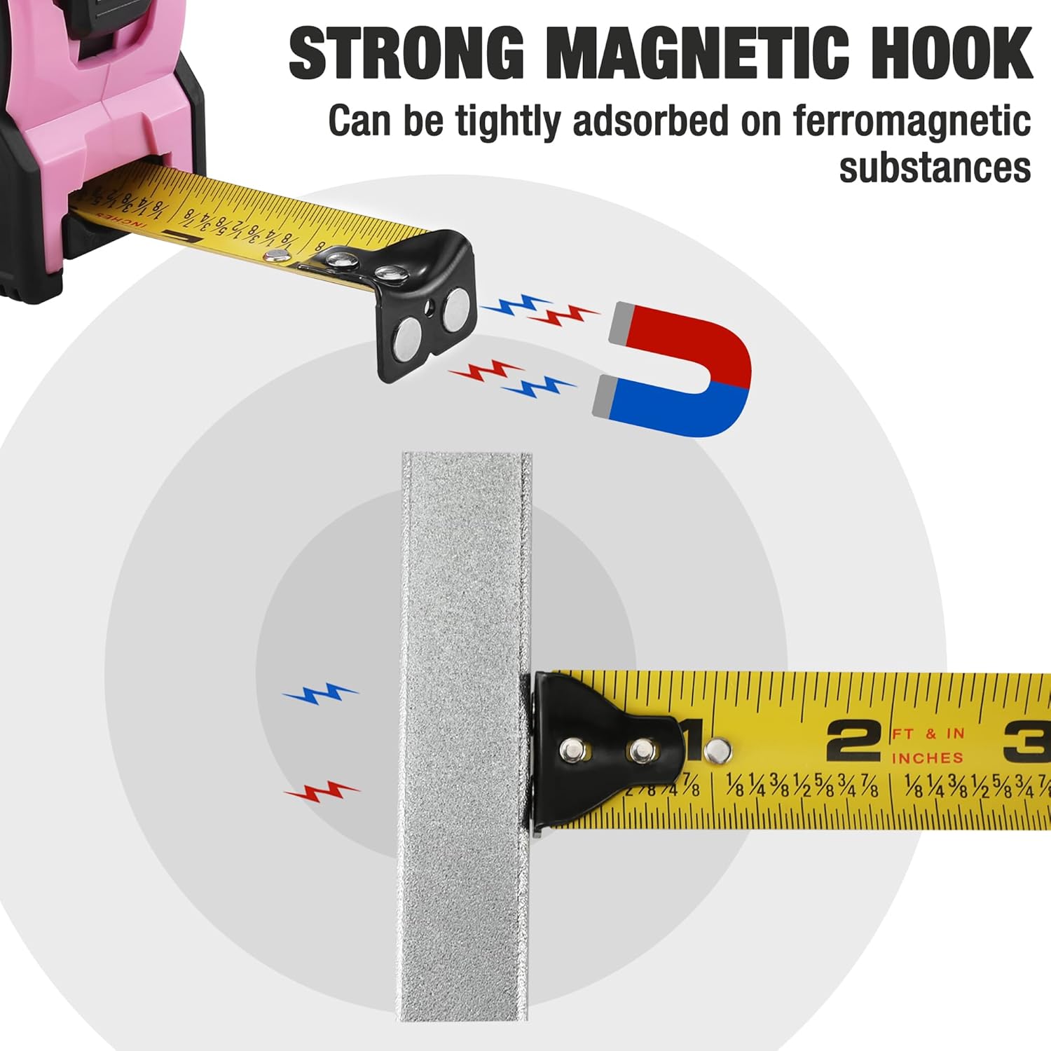 Strong magnetic hook on yellow tape measure tape, shown on metal surface