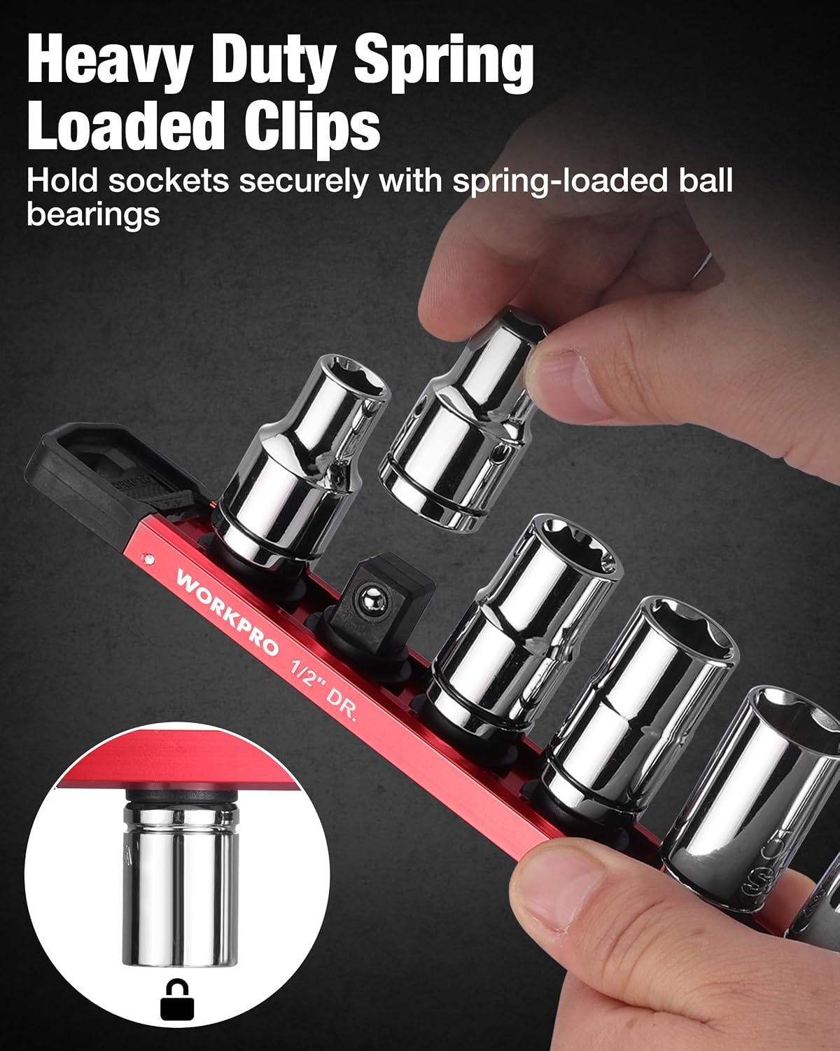 Spring-loaded magnetic socket clips securing chrome sockets on a red rail