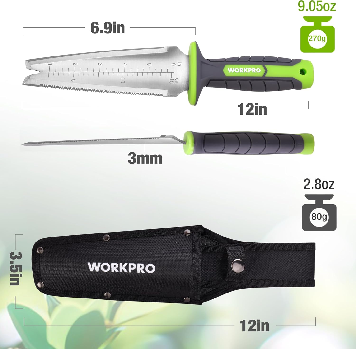 Garden hori hori knife with stainless blade, ruler markings, and black Oxford sheath