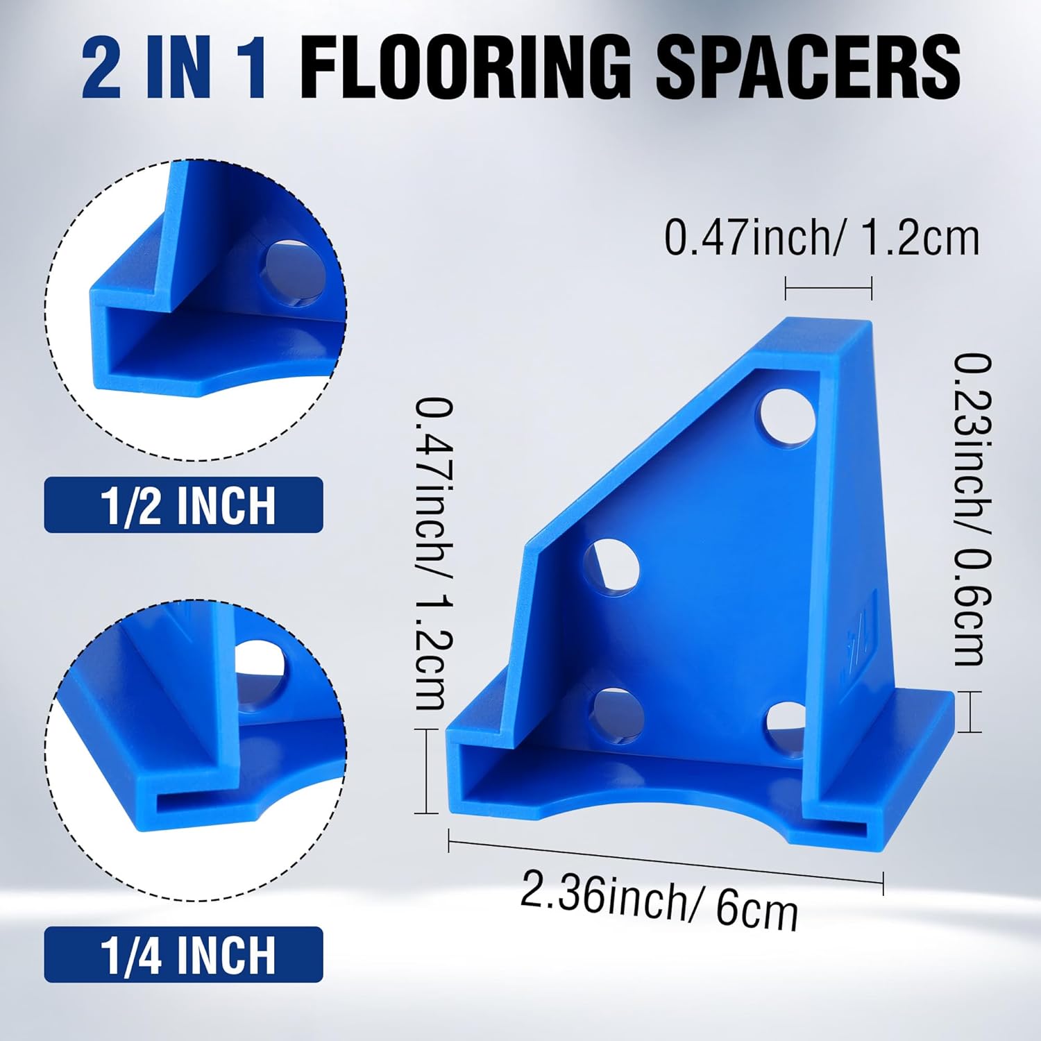 Blue 2-in-1 triangular floor spacers showing 1/2 in and 1/4 in gap sizes