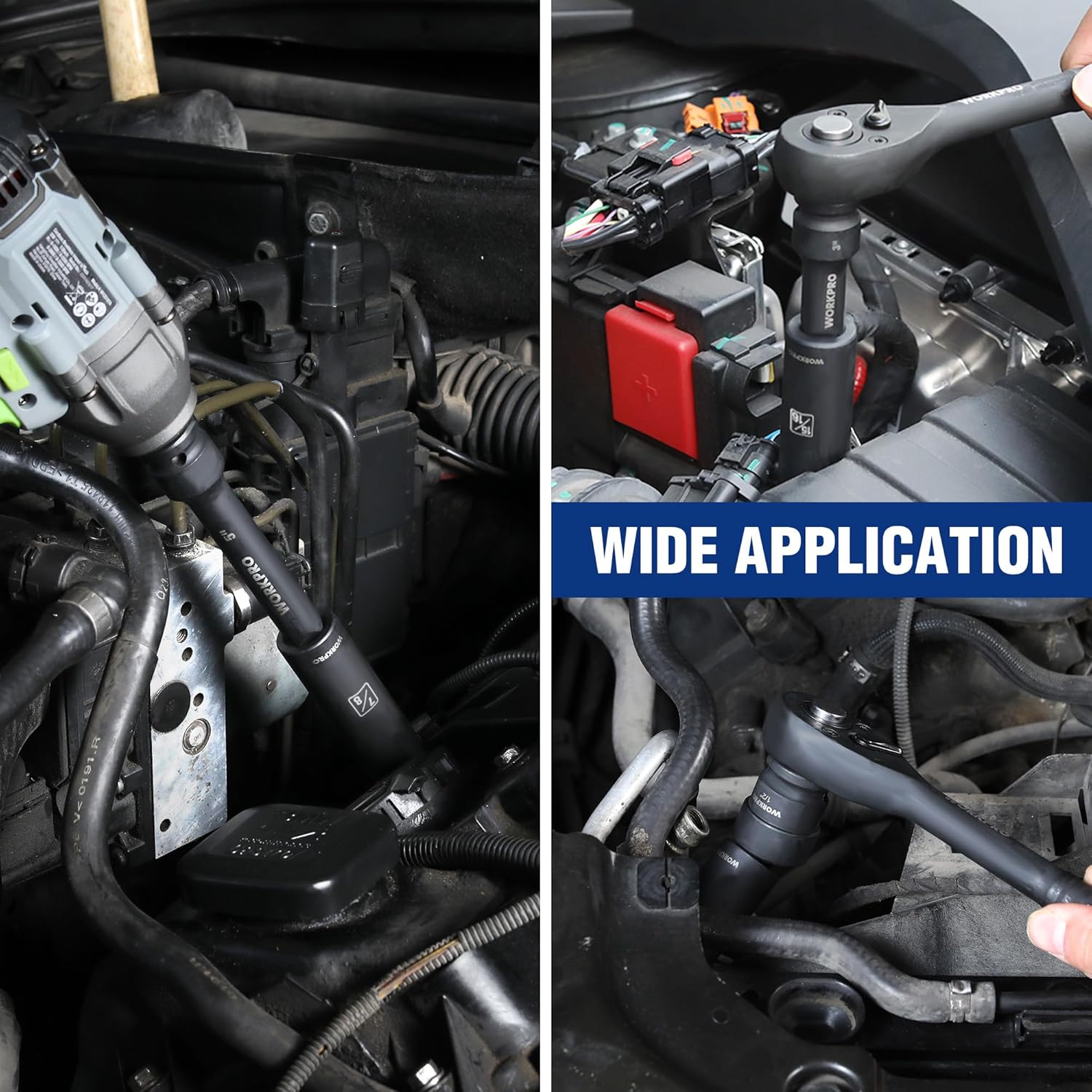 WORKPRO socket tools used in an engine compartment, including extensions and adapters