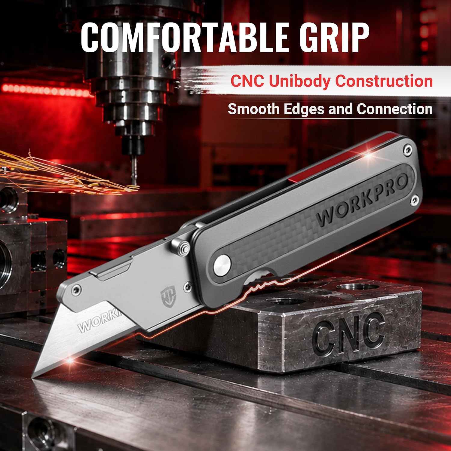 WORKPRO Utility Knife, CNC Unibody, Aluminium Handle Carbon Fiber Inlay