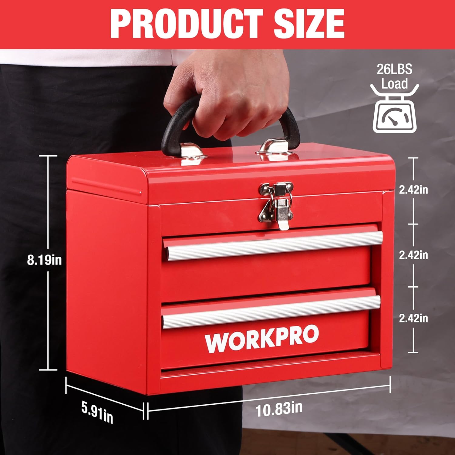 Red portable metal mini tool chest with two drawers and locking top latch