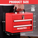 WORKPRO Portable Mini Tool Box, 2 Drawers Metal Tool Chest with Ball Bearing Slides, Top Storage with Latch, Ergonomic Carrying Handle, Mechanic Toolbox with PVC Liners and PP Feet Pads