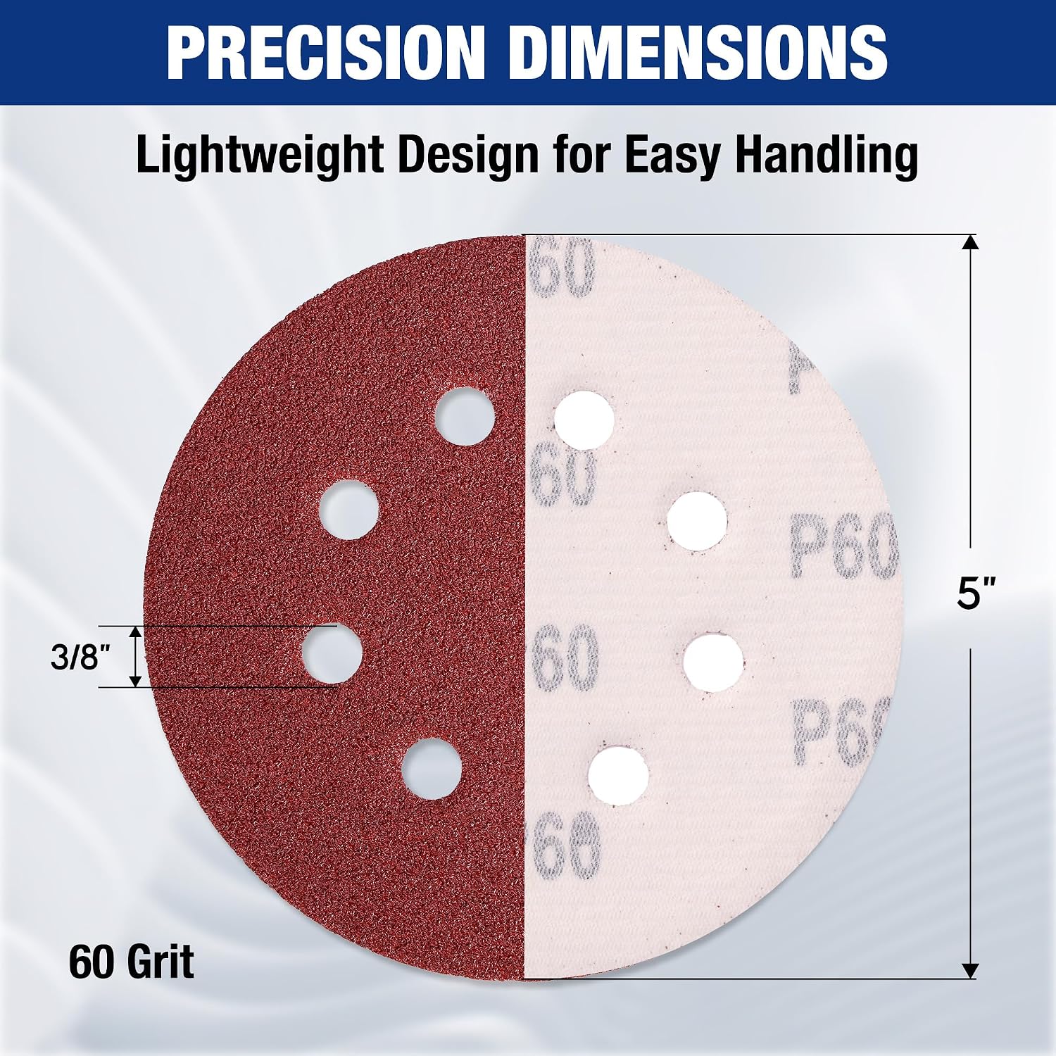 60 grit 5-inch sanding disc, dark red-brown, 8-hole hook-and-loop pattern