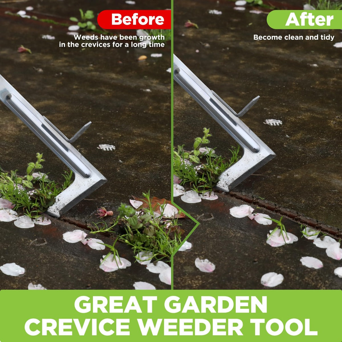 WORKPRO crack weeder tool cleaning weeds from a patio crevice