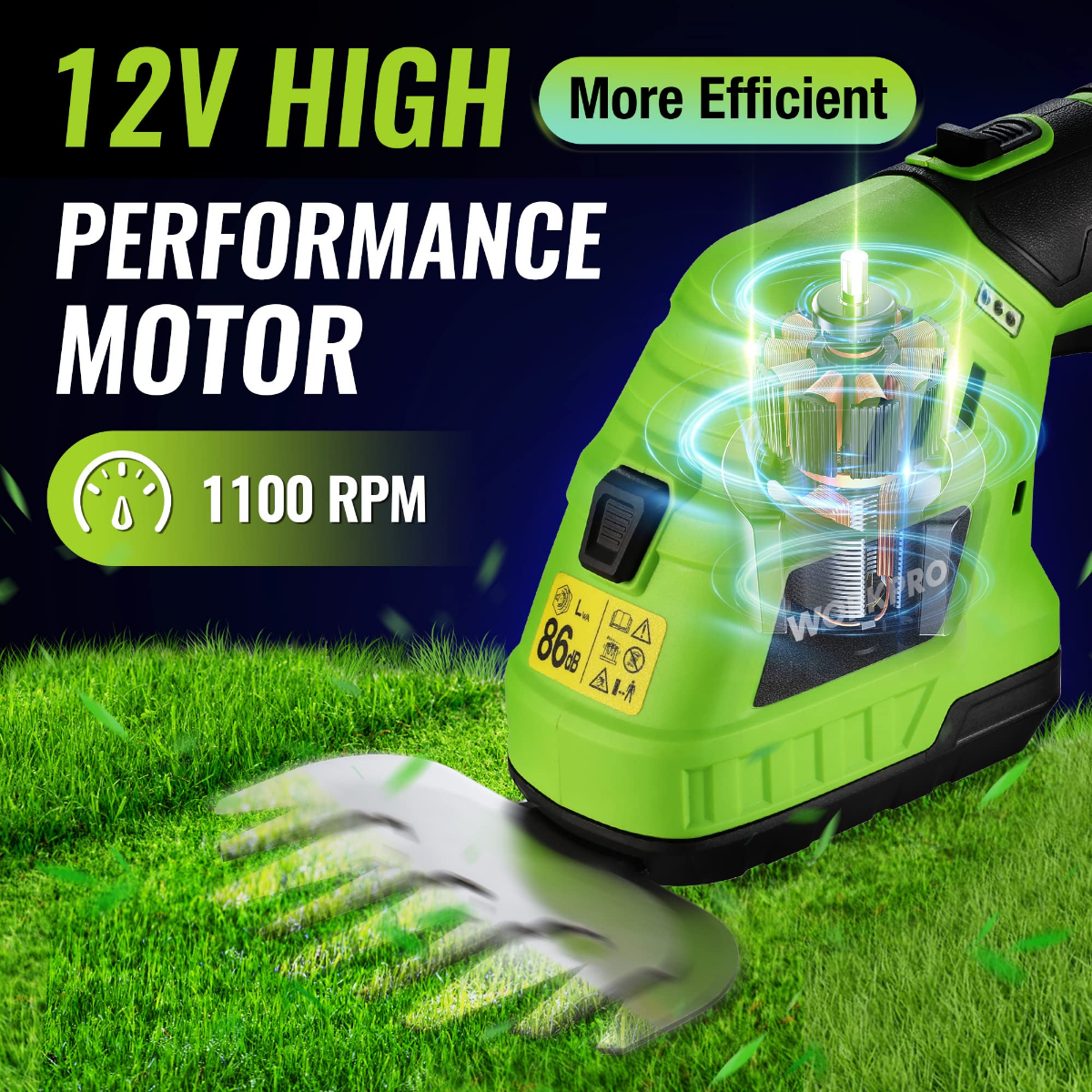 Cordless trimmer with motor vents for fast cutting, lime green and black