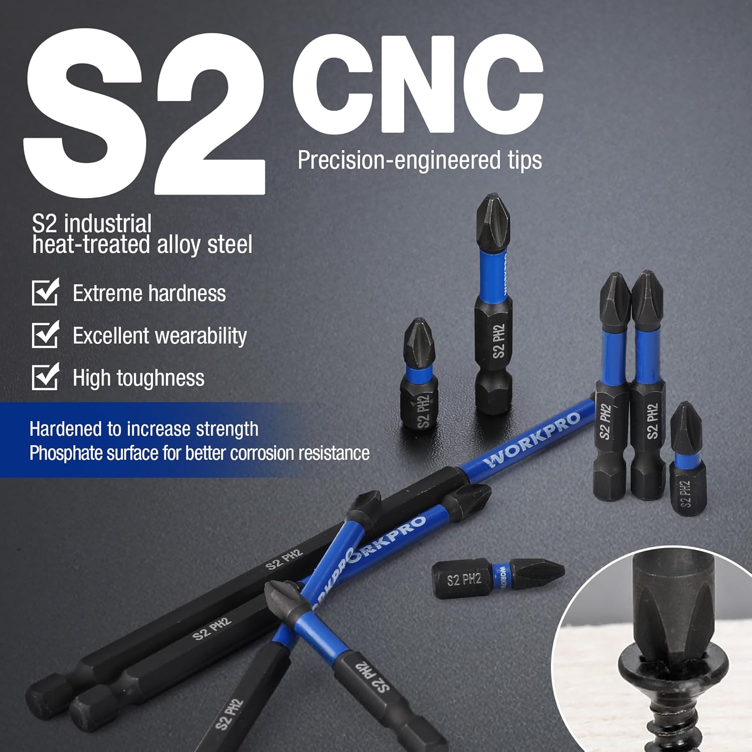 WORKPRO S2 PH2 Phillips impact bit set with multiple black and blue bits