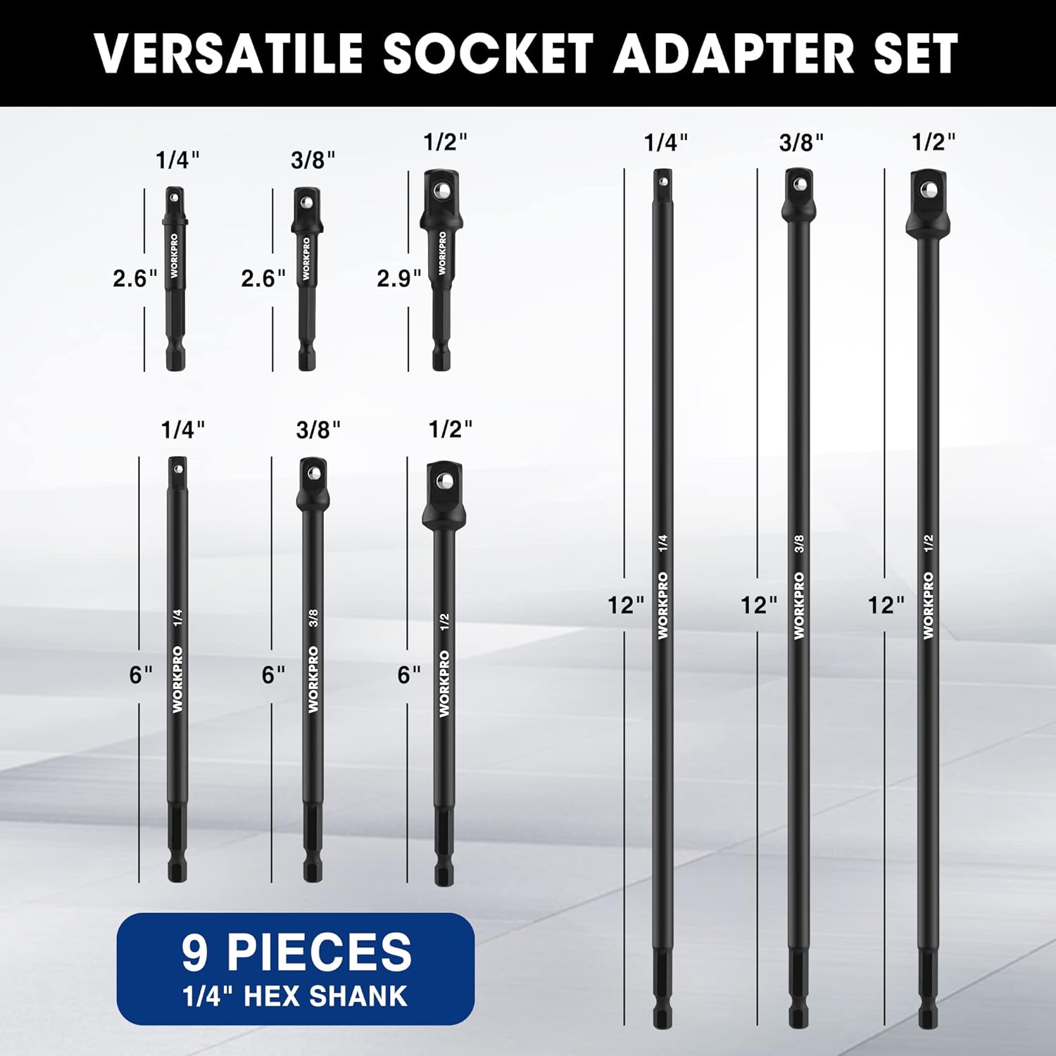 WORKPRO 9-piece 1/4-inch hex shank socket extension set with long drive adapters