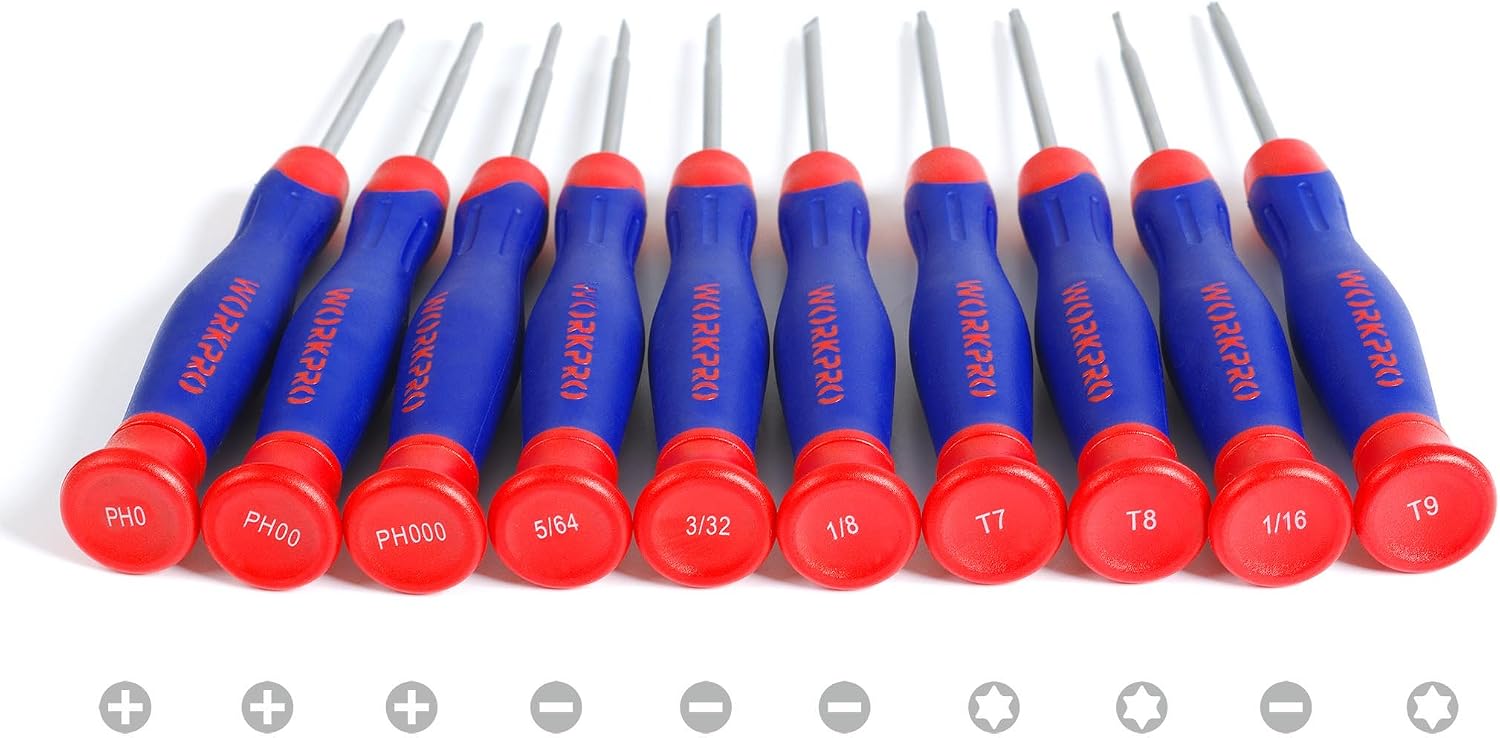 Screwdriver set with blue handles and red numbered end caps, tips facing up