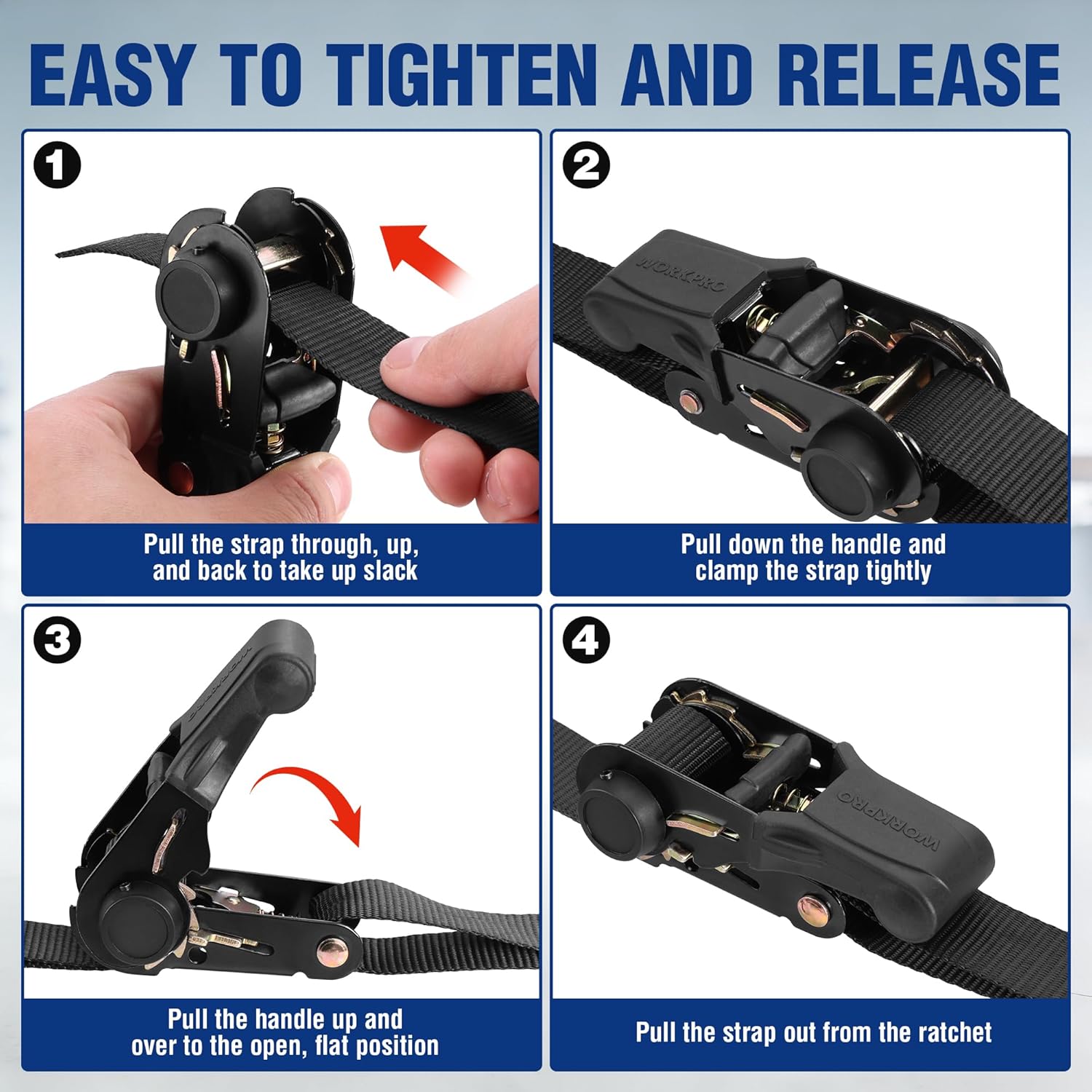 Ratchet tie-down mechanism: handle and strap on black webbing with step guides