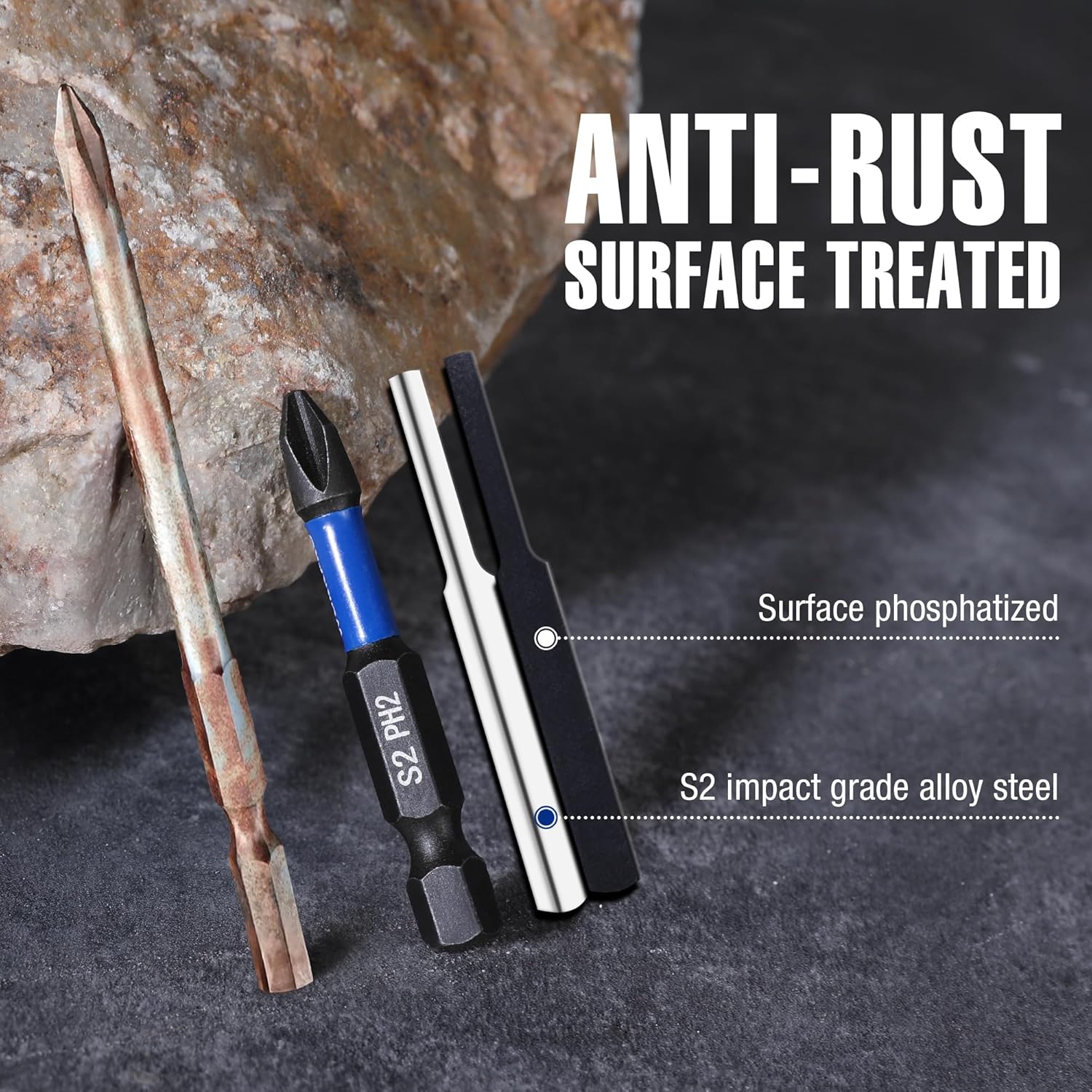 S2 PH2 impact bits with anti-rust treated tips and blue shafts