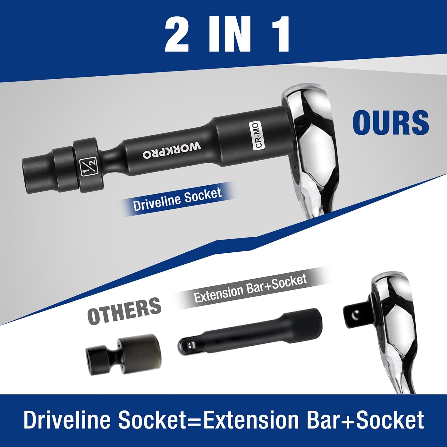 Swivel driveline socket with chrome head and black CR-MO steel shaft