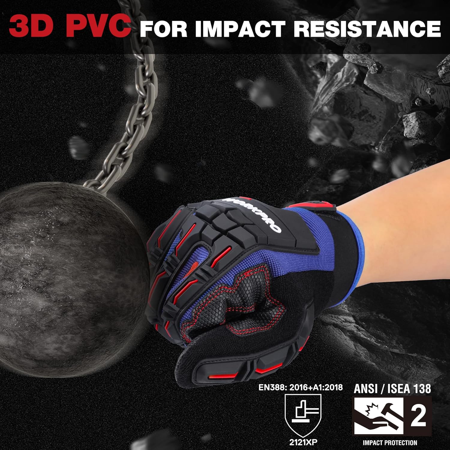 Black and blue impact work glove with textured knuckle pads and red protective accents