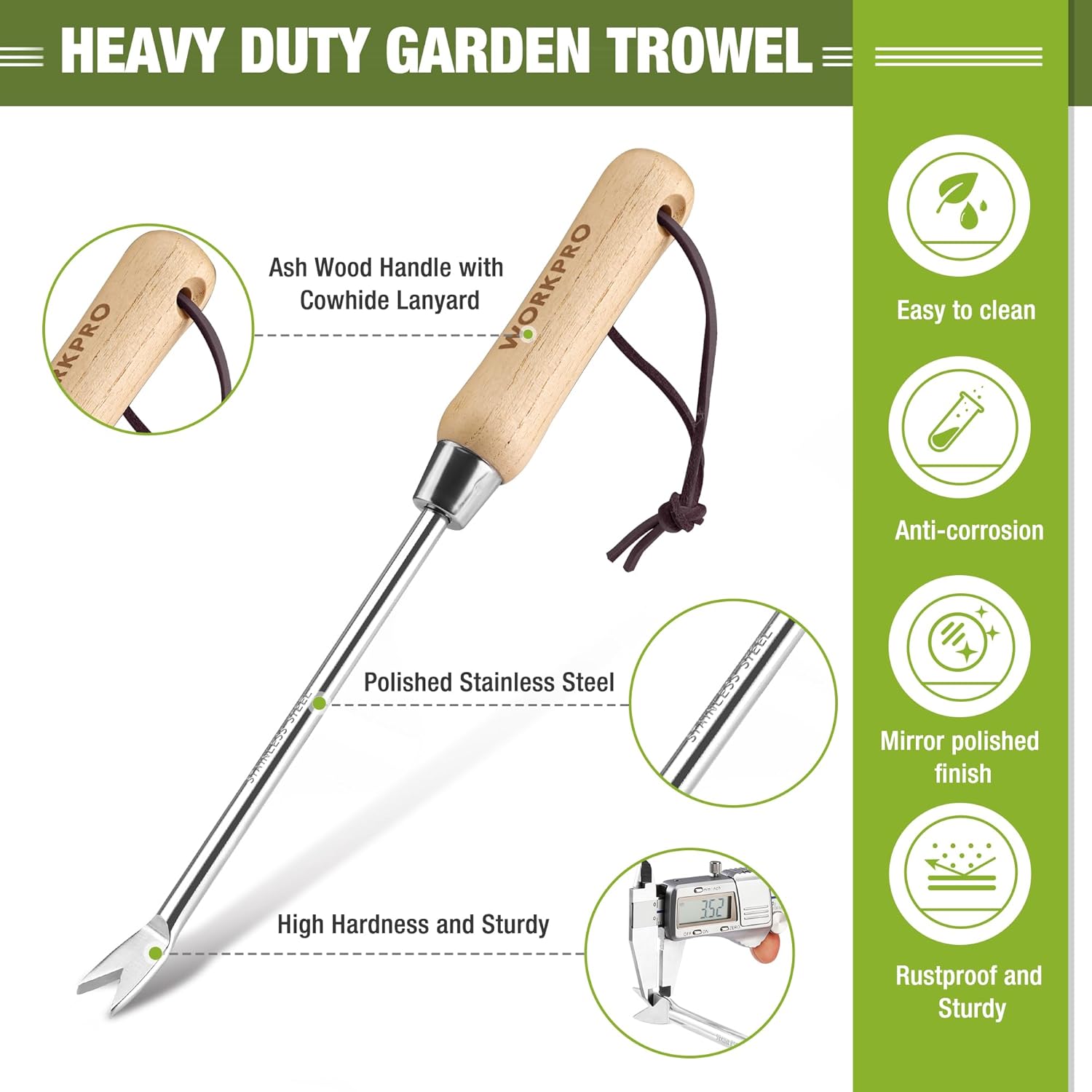 Polished stainless steel weeder with ash wood handle, two-pronged fork and cord loop