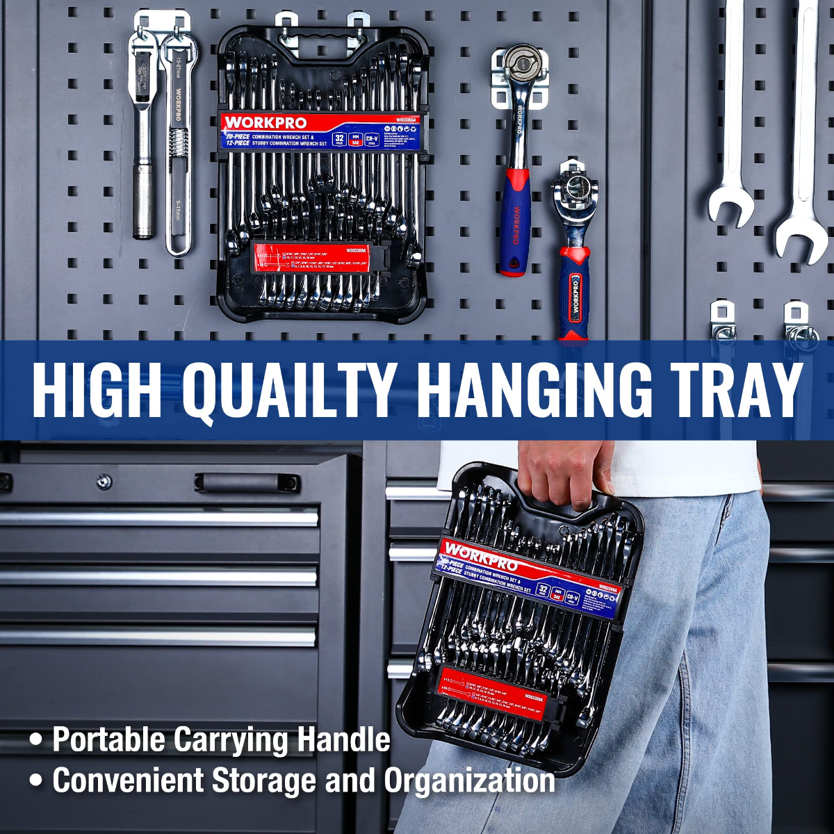 WORKPRO wrench set with hanging tray storage and portable carry handle