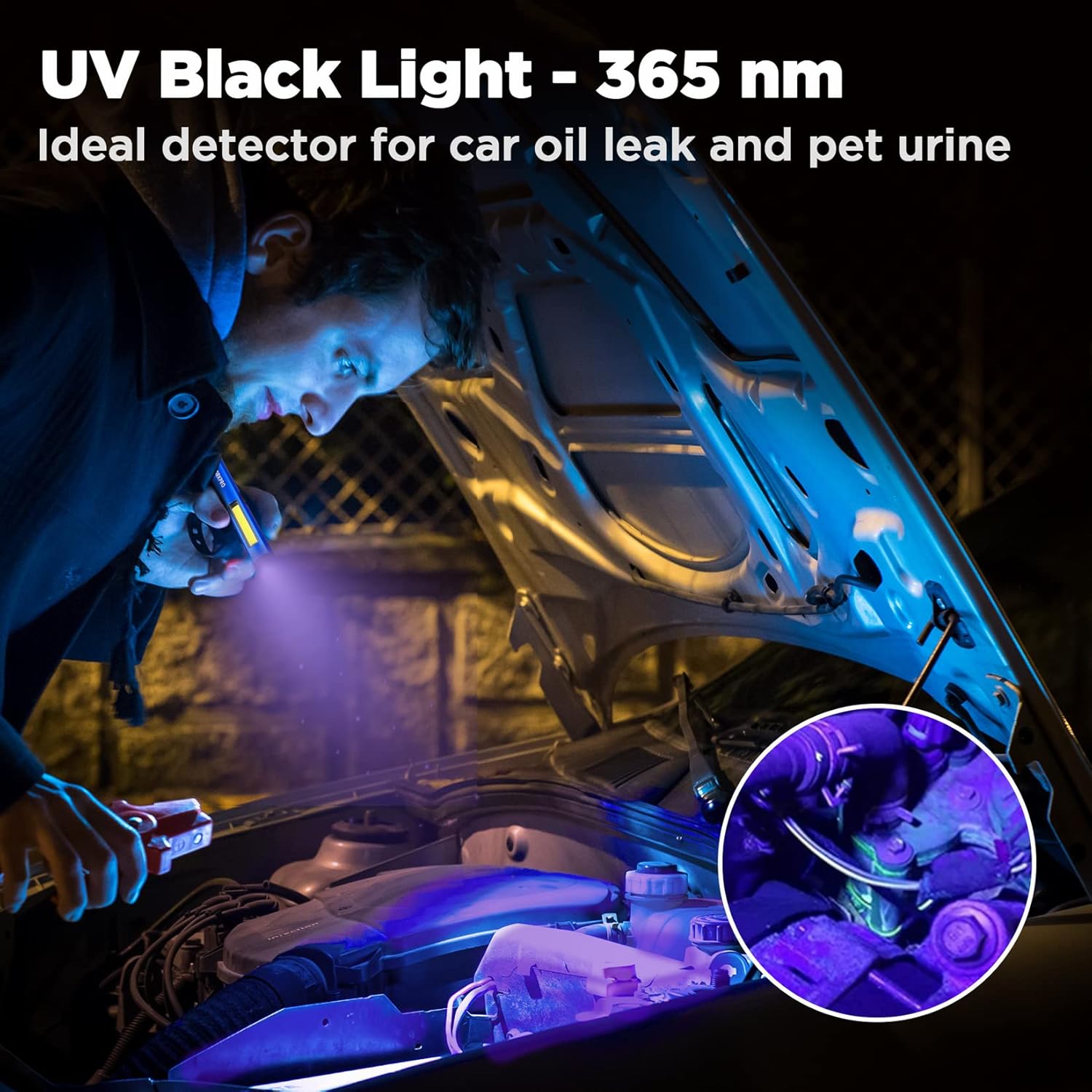 Blue UV black light penlight with violet glow for detection