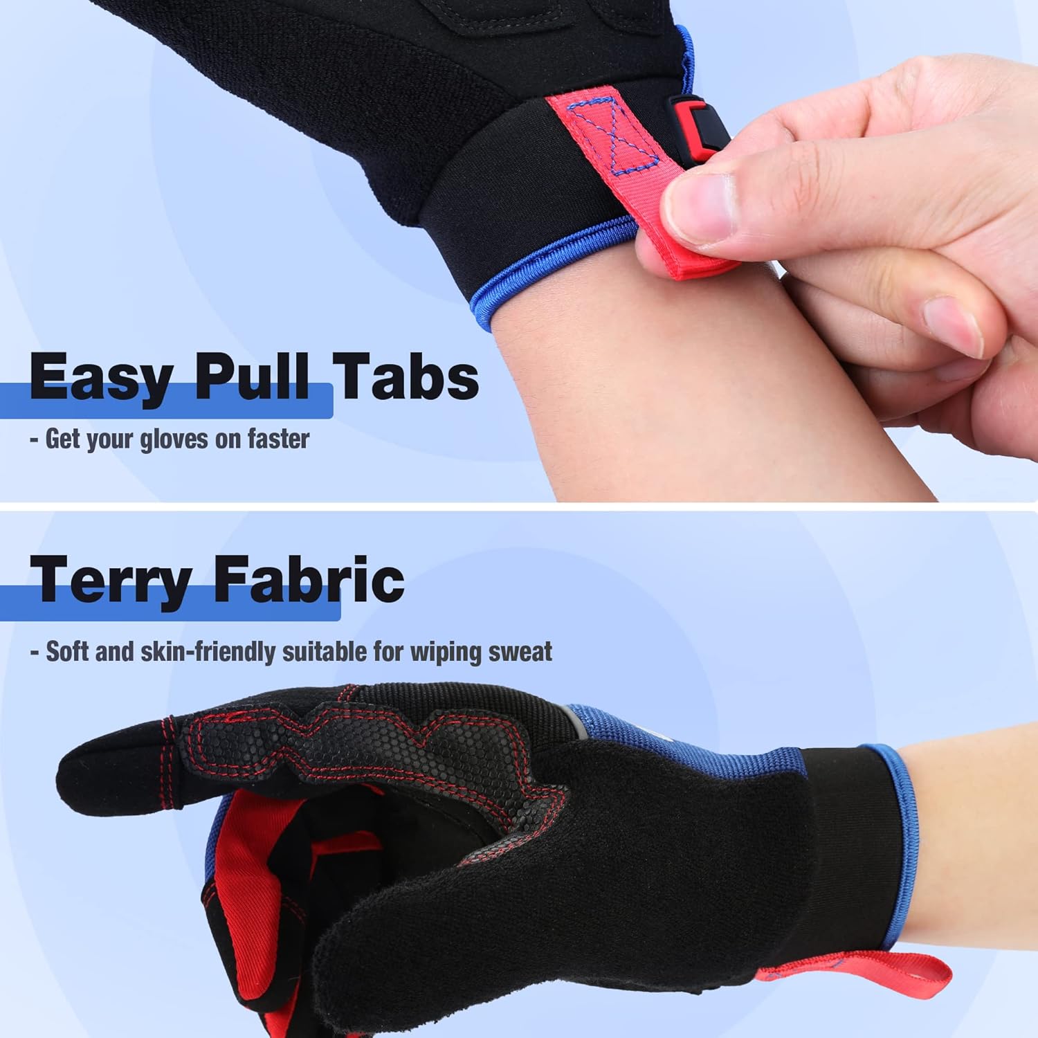 Safety work gloves with terry fabric back and red pull tabs, black with blue cuffs