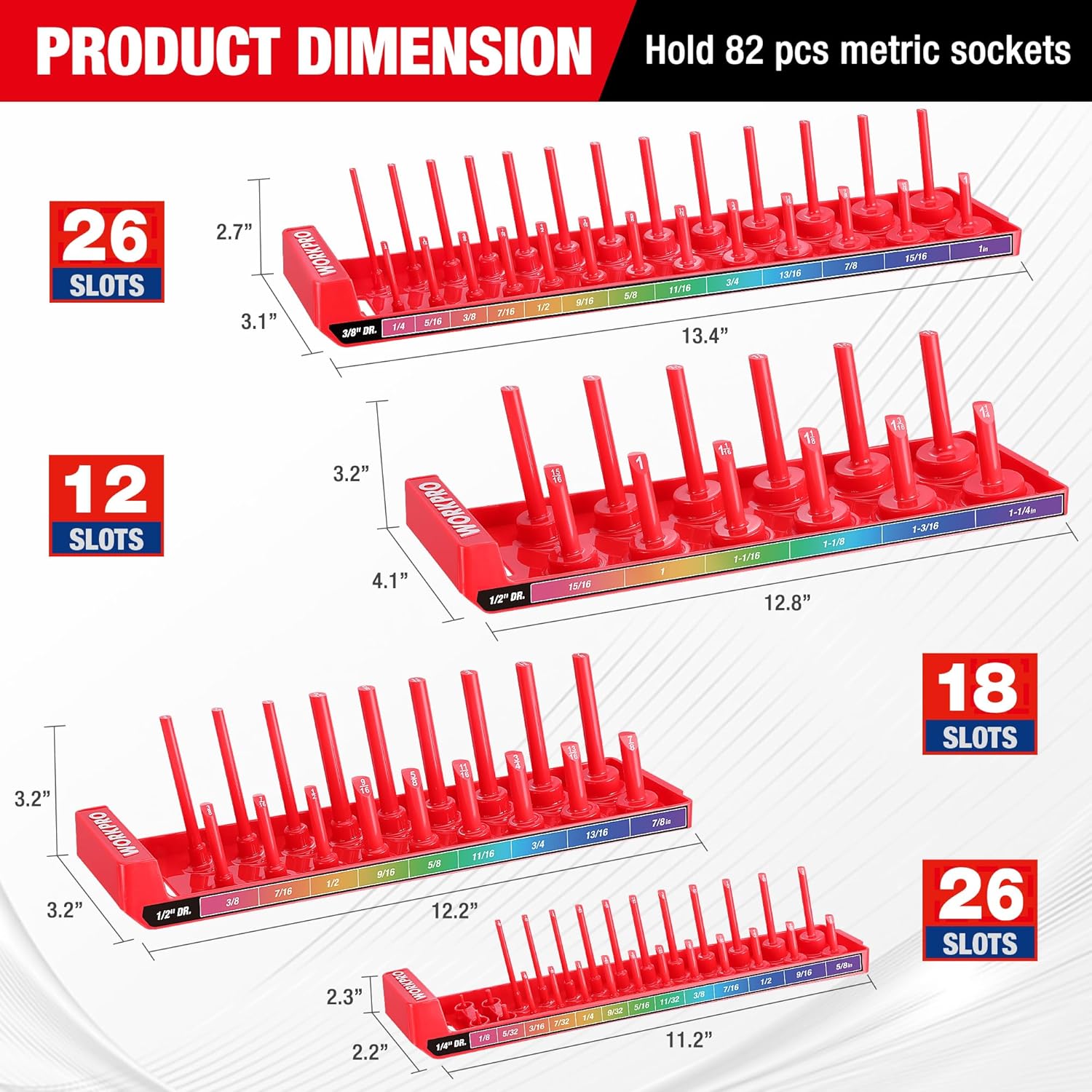 Red socket holder tray set with multiple slots and size labels for 82-piece storage