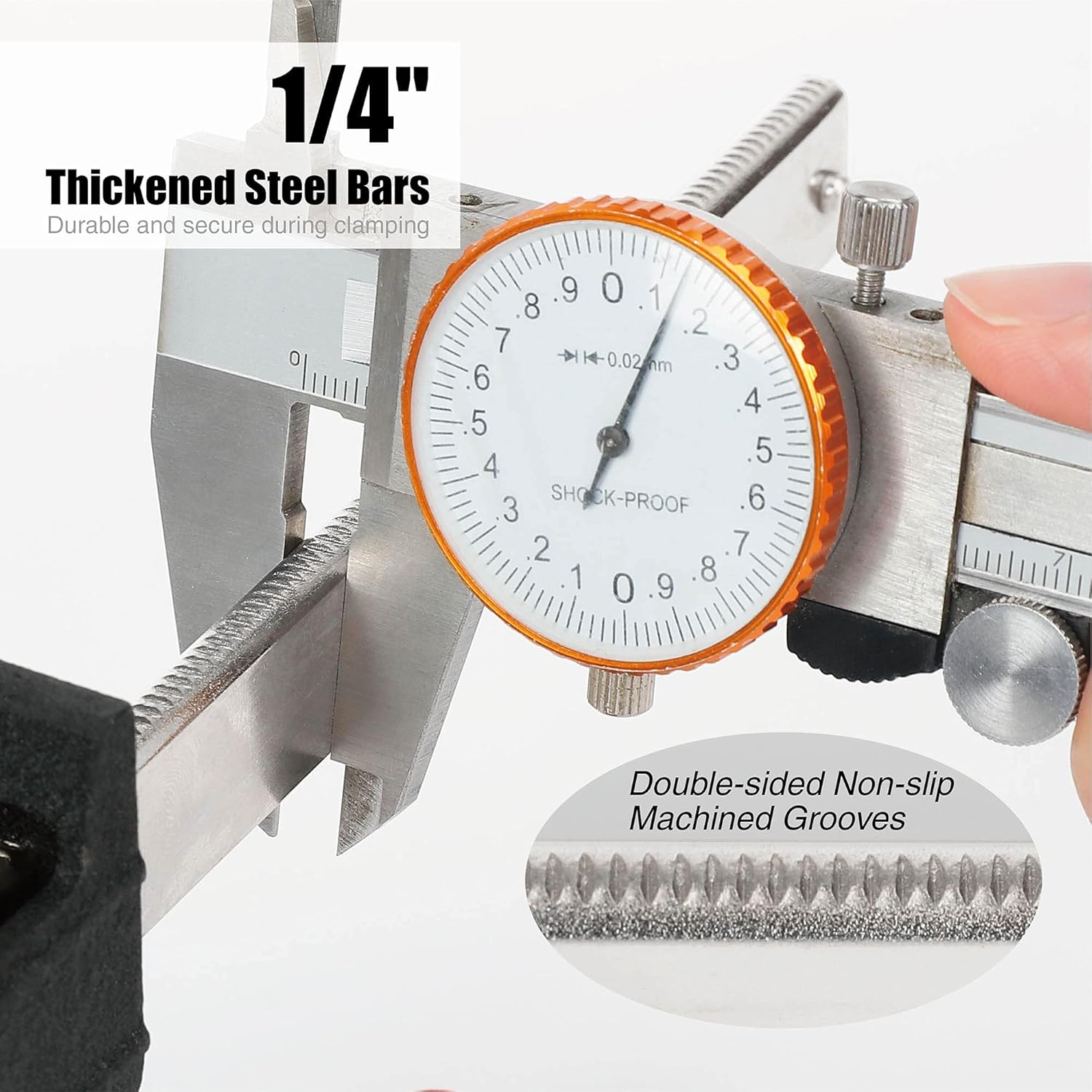Steel bar clamp with orange dial gauge, thick steel bars, double-sided non-slip grooves