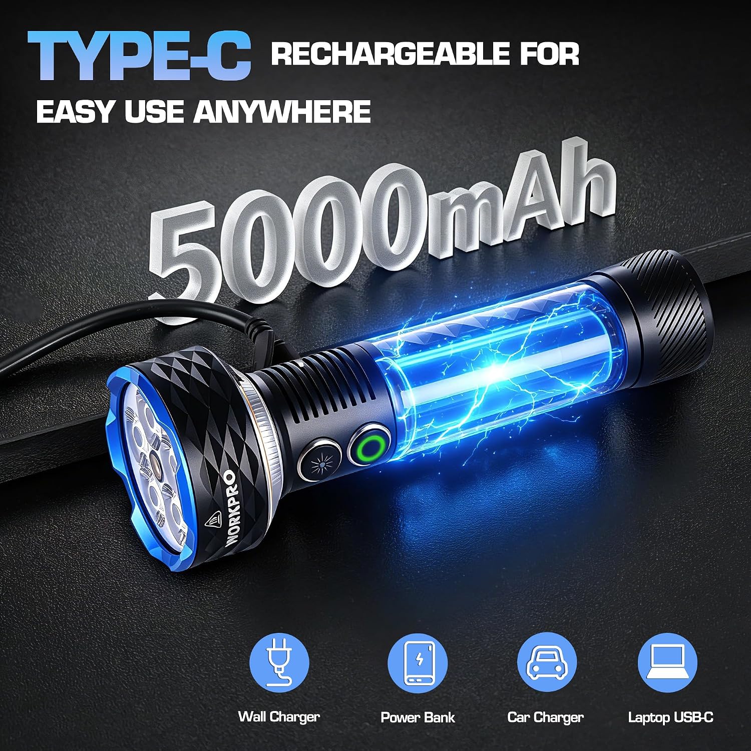 Black rechargeable flashlight with USB-C charging, blue beam, 5000mAh power indicator