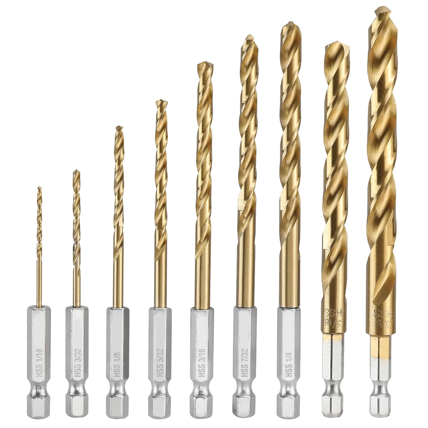 Hex shank drill bit set with gold spiral flutes and silver hex shanks (9-piece)
