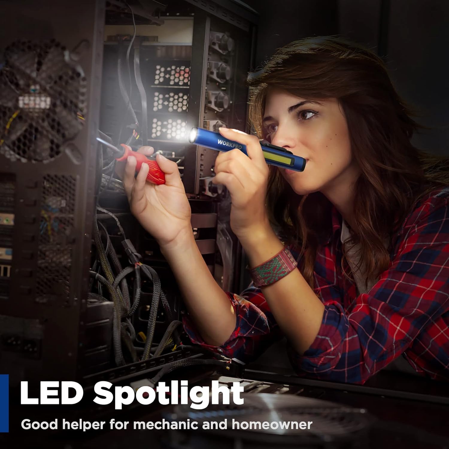 Blue LED penlight shining, held with magnetic clip, compact pocket flashlight