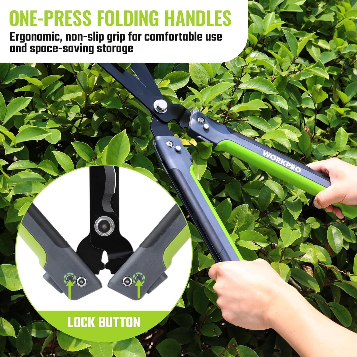 Foldable hedge shears with one-press lock and green non-slip grip handles